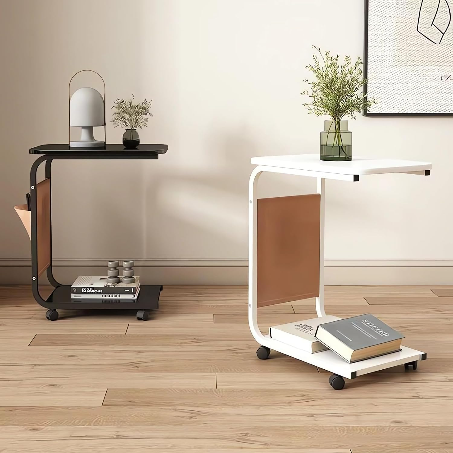 Mobile Side Table with Wheels, End Tables (White) image number 3