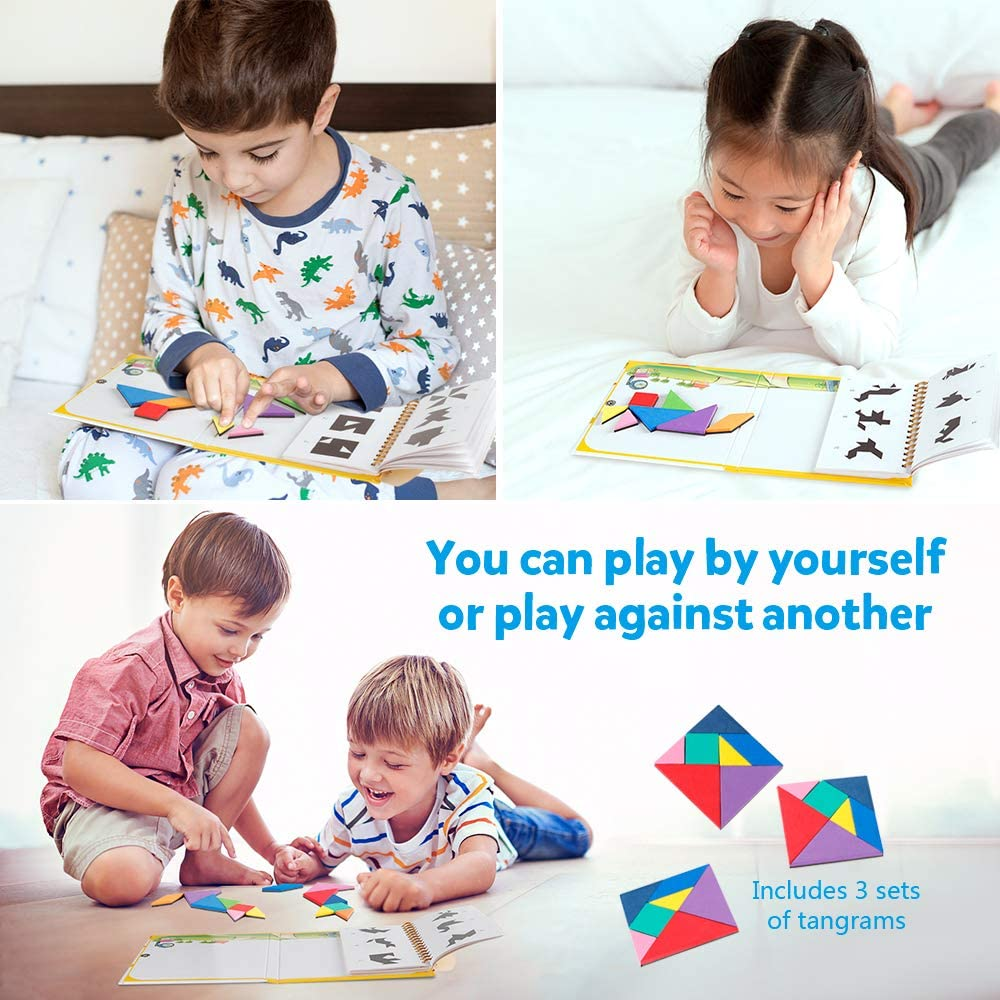 Travel Tangram Puzzle with 2 Set Magnetic Plate- Road Trip Tangoes Games with Solution - IQ Book Educational Toy Brain Teaser for Kid Challenge image number 2