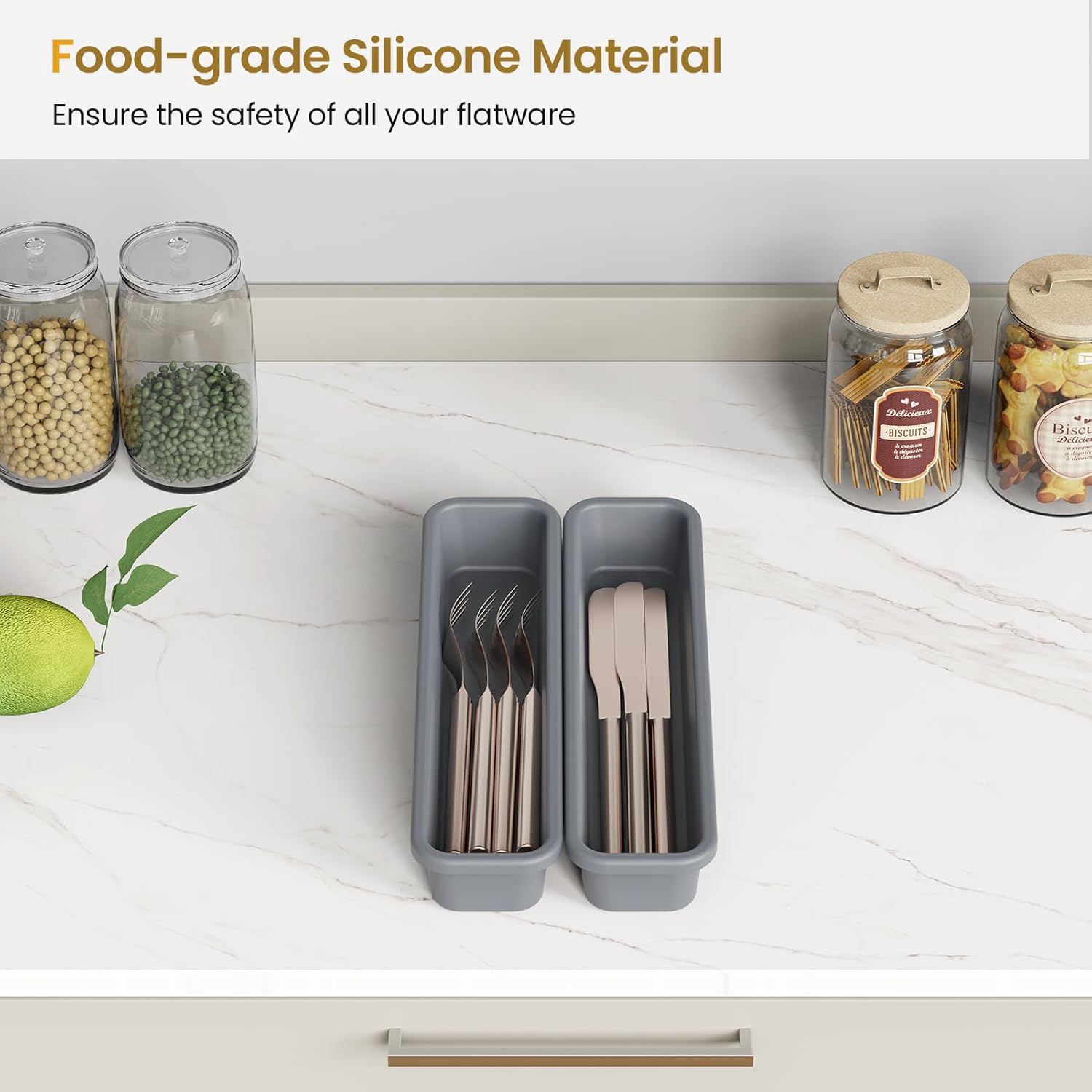 2 Pack Silicone Cutlery Drawer Organiser, Kitchen Utensil Drawer Organiser, DIY Free Combination Silverware Organizer, Moisture-Proof and Heat-Resistant up to 200&deg;C, Anti-Slip and Environmentally image number 5