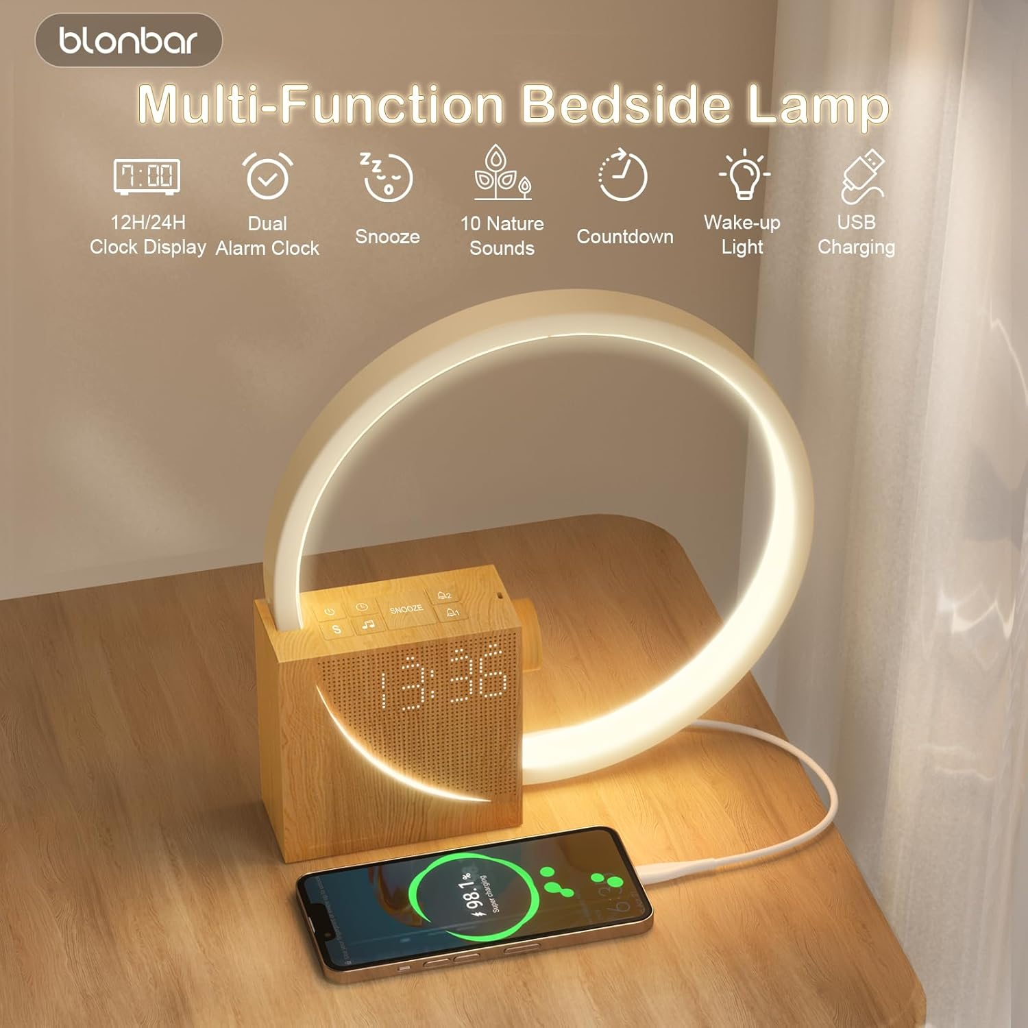 Blonbar Sunrise Alarm Clock for Heavy Sleepers, Wake up Light with Dual Alarms Sunrise Simulation USB Charging Port 4-Level Dimmable, Night Light 10 Natural Sounds Snooze Alarm Clocks for Bedrooms image number 5