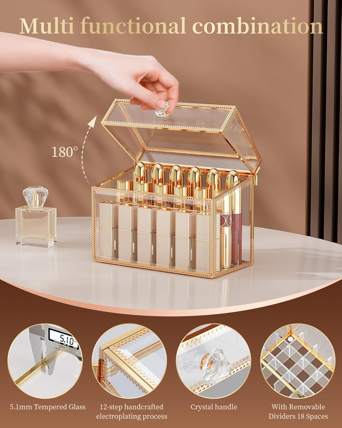 Coralhouse Lipstick Organizer,Luxury Tempered Glass Lipstick Holder & Nail Polish Organizer, 18-Slot Vanity Cosmetic Organizer with Removable Dividers, Gold image number 3