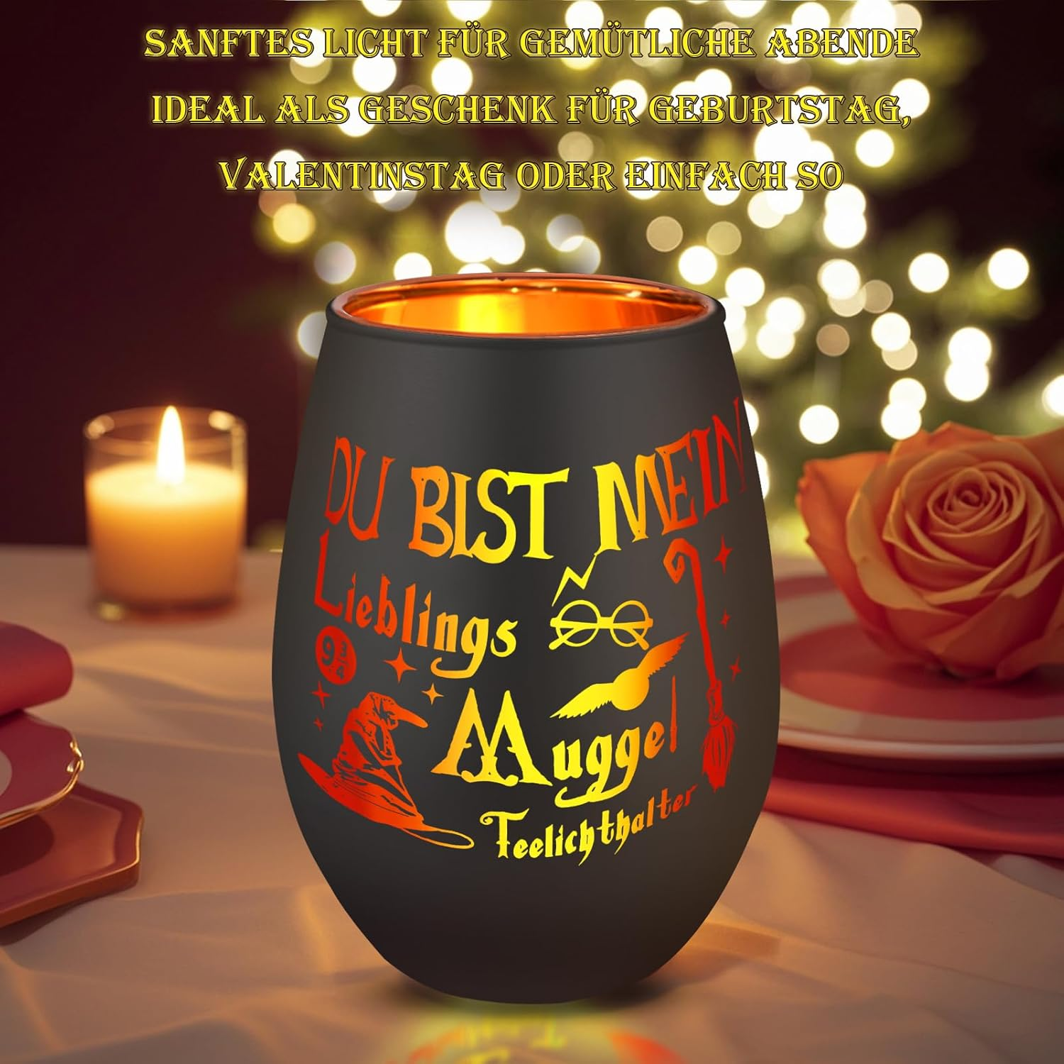 Tea Light Holder Du Bist Mein Lieblings-Muggel - Magical Gift for Harry Fans & Nerds - Lucky Light for Lovers - Black - Gifts For Confirmation image number 5