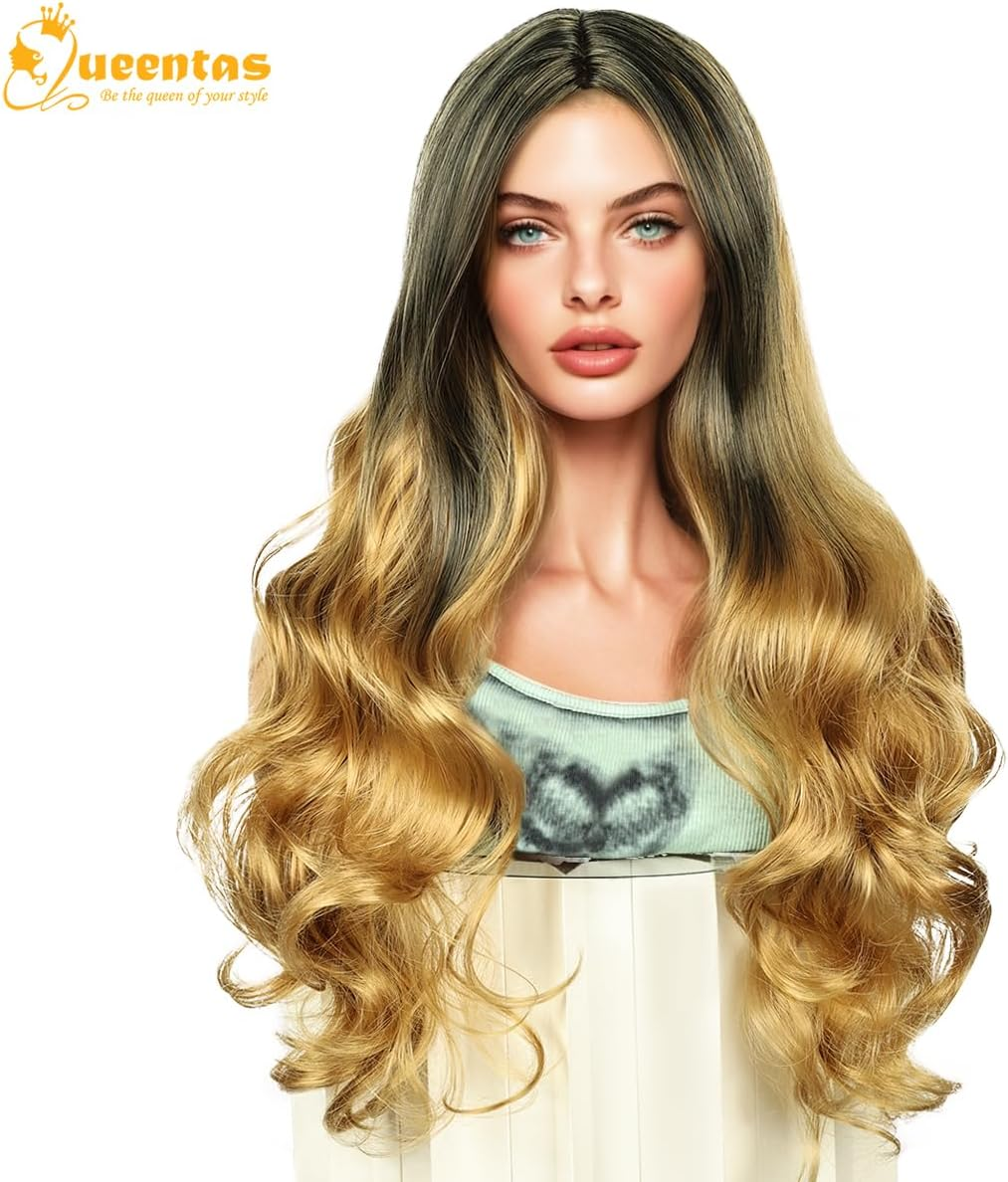 QUEENTAS 24 Inch Blonde Long Curly Wigs for Women Wavy Synthetic Hair Wig（Black Mixed Blonde） image number 1