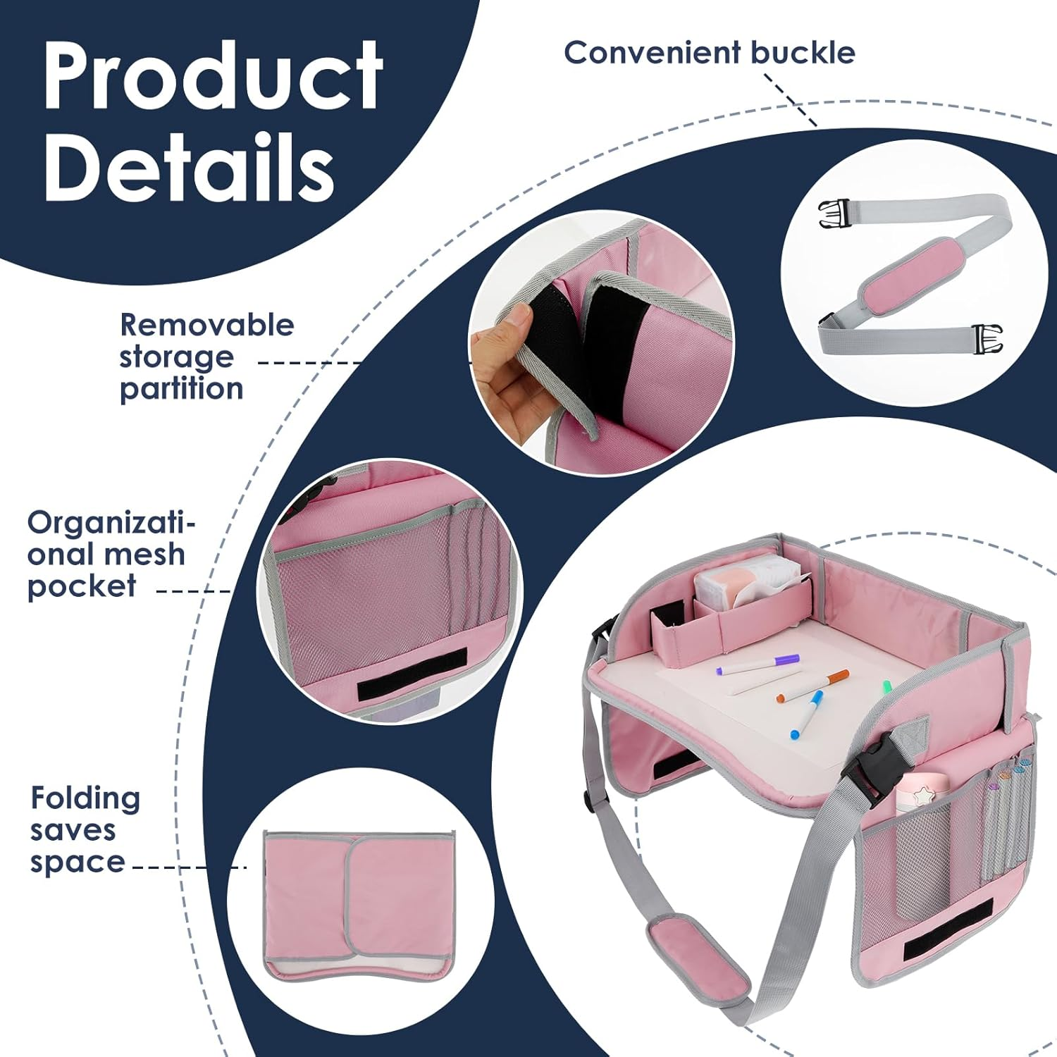 Car Seat Tray Enduring Kids Travel Tray Easy to Install Car Seat Table Tray with Adjustable Strap Portable Easy to Clean Car Seat Tray for Kids Travel Toddlers (Pink) image number 2