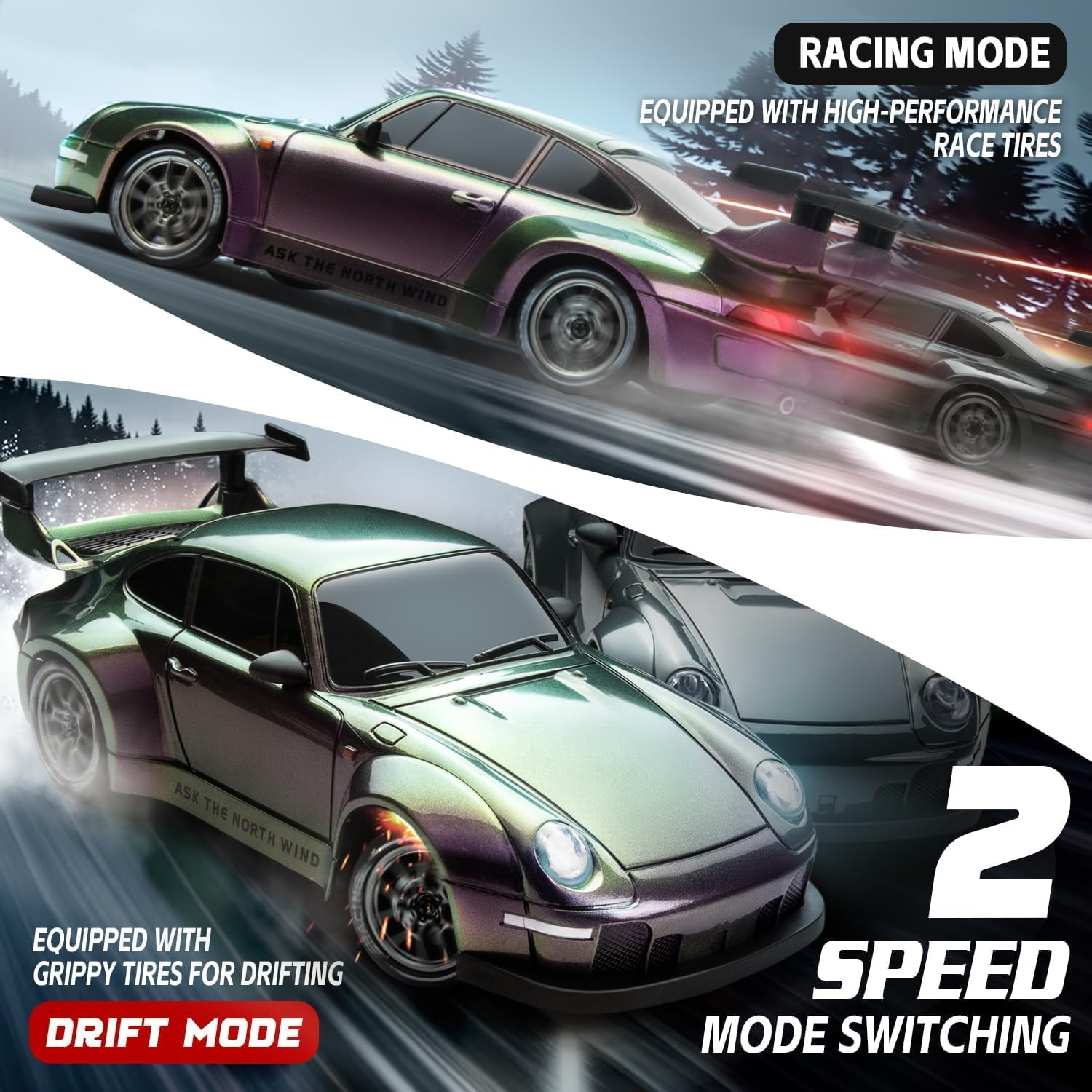 RC Drift Car, 1:24 Scale Remote Control Vehicle with LED Lights, 2.4Ghz 20KM/H 4WD High Speed RC Cars, Drifting Tires＆Two Batteries, Racing Sports Toy Idea Great for Adults Boys Girls and Kids image number 3