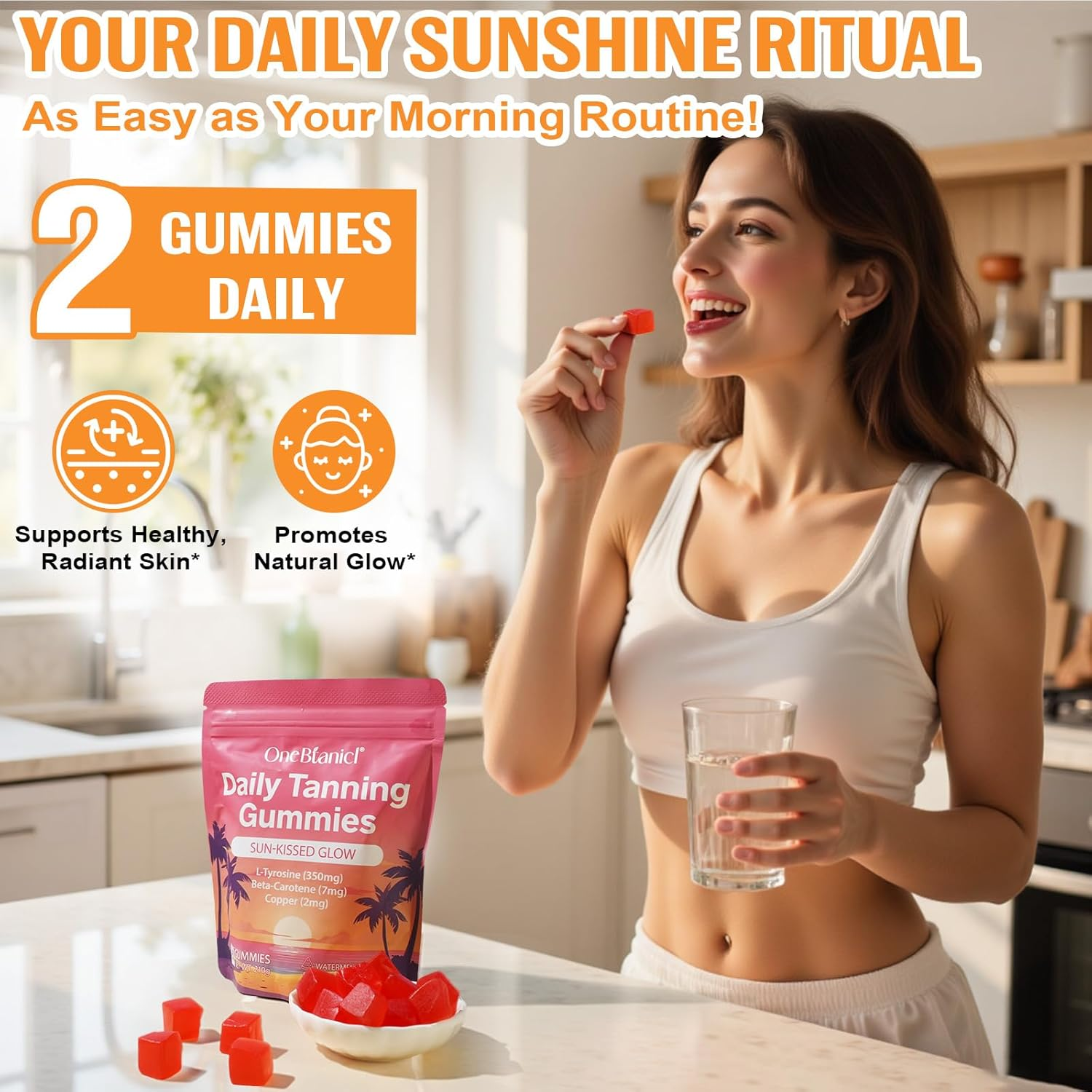 Daily Tanning Gummies,Tanning Gummies with Lycopene & Beta Carotene for Skin Health & Glow, Vegan, Non-Gmo-60 Ct 30-Day Supply image number 2