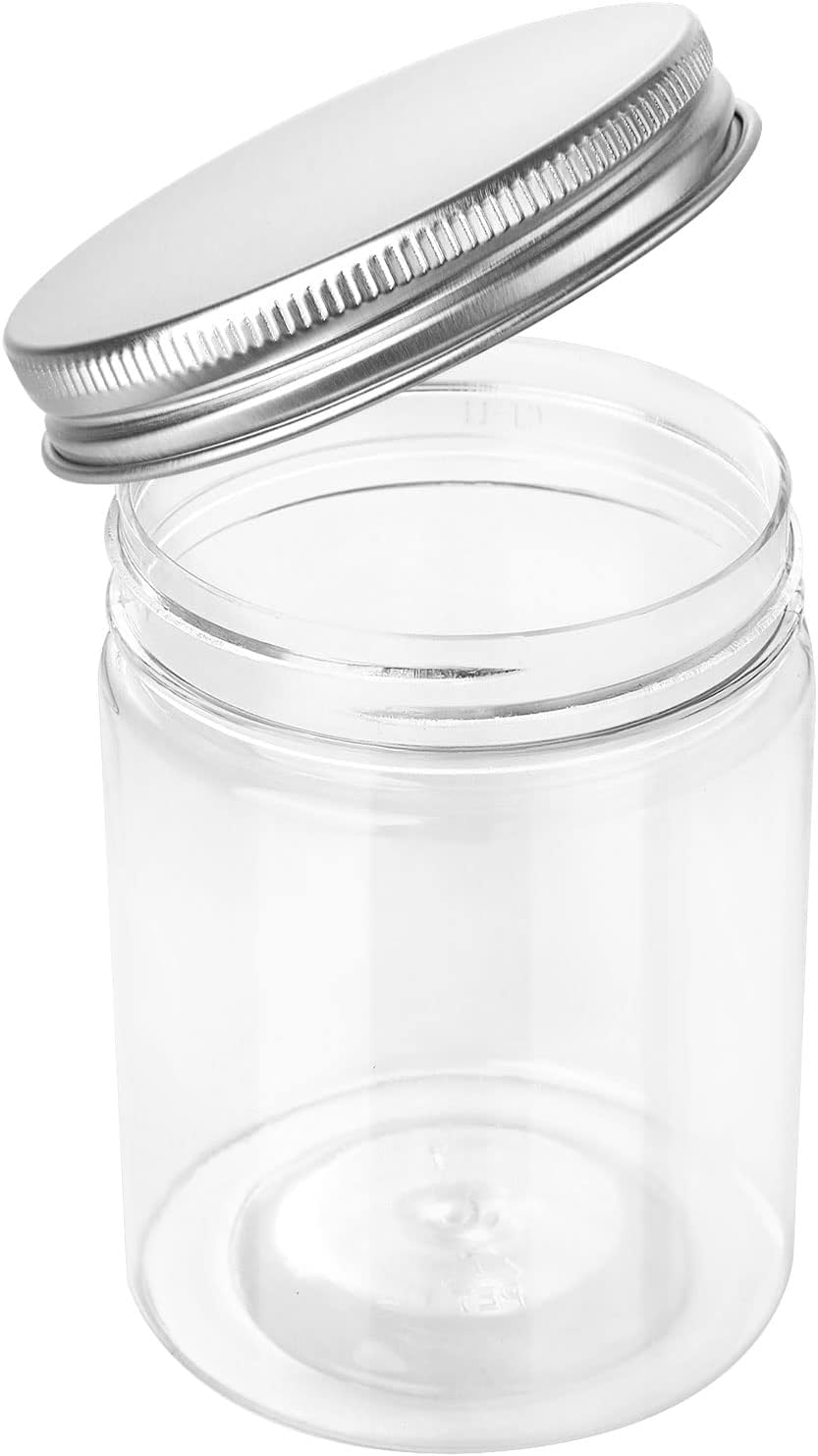 AKOLAFE 20 Pack 250ML Plastic Jars with White Aluminium Lids, round Clear Leak-Proof Food Storage Jars for Food Storage, Camping, Hardware Storage, Crafts and Slime Making