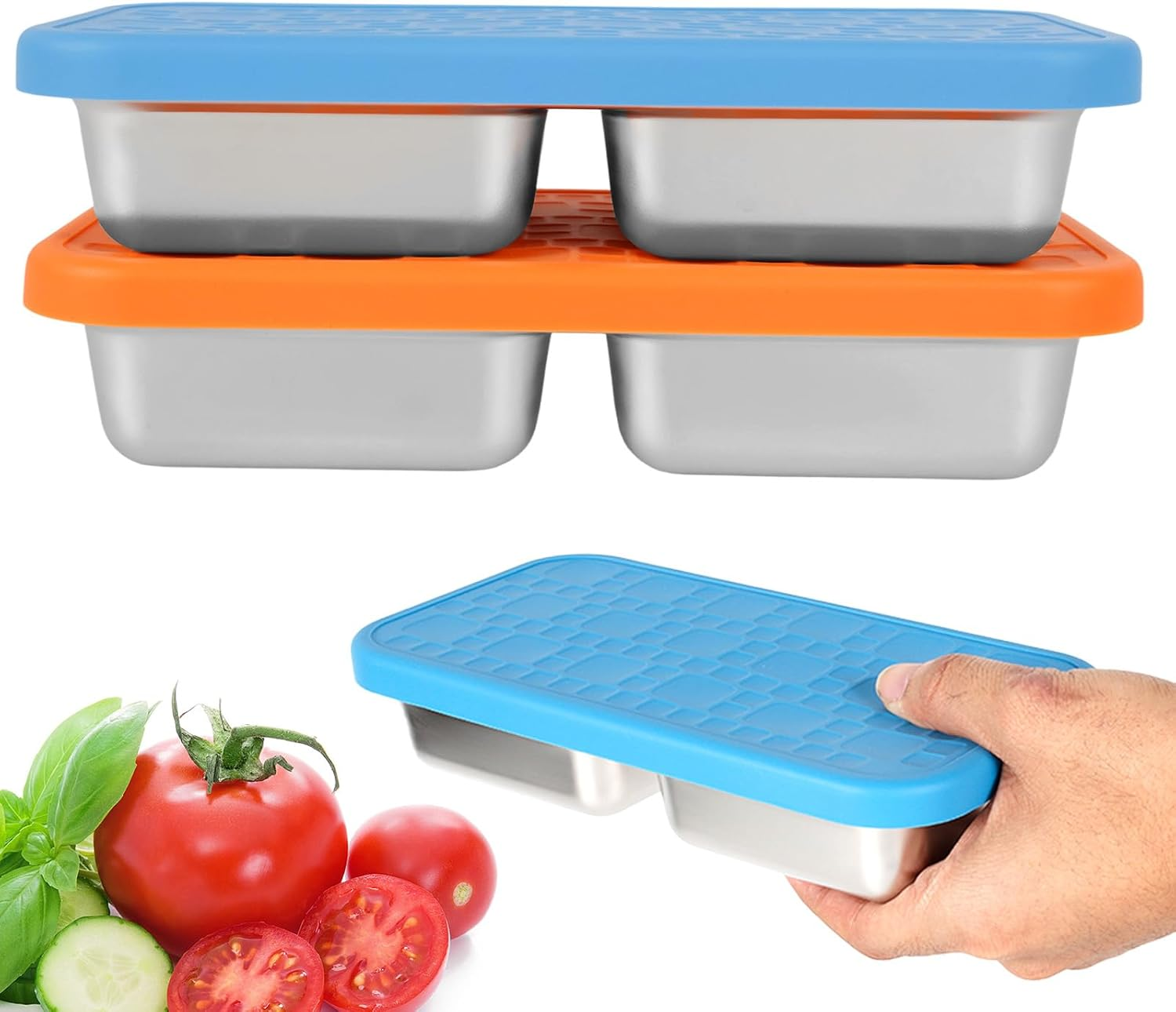 6/4/2 Pcs Stainless Steel Snack Container, Reusable Food Storage Container with Silicone Lid, Divided Snack Box for Kitchen Snacks Dips Take Out Travel and Outdoor Camping (4Pcs)