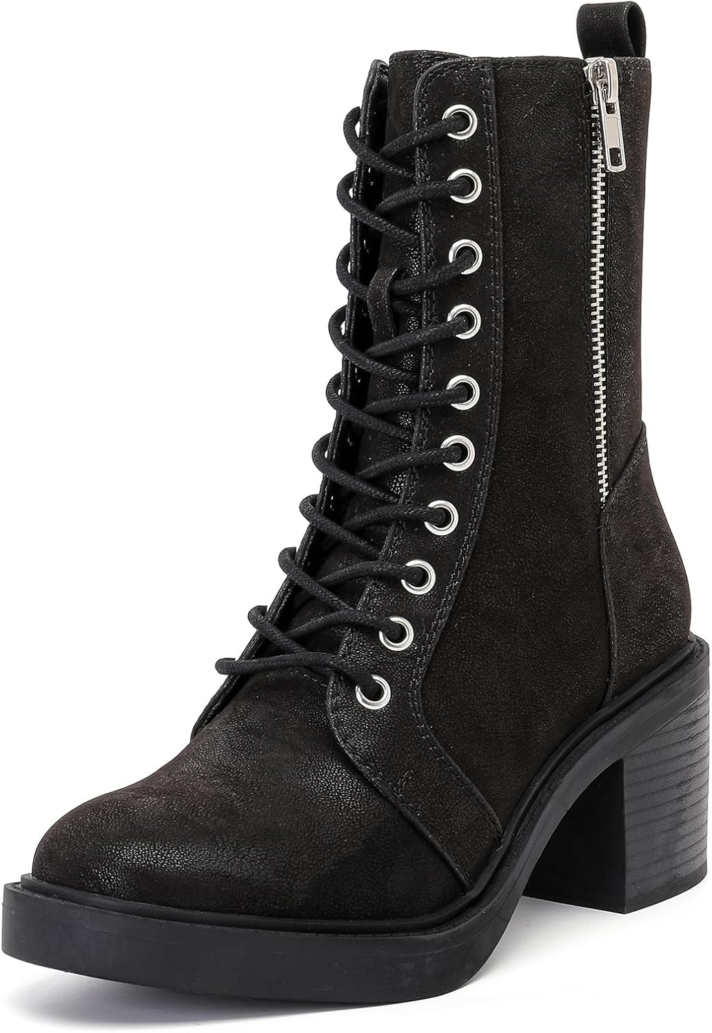 Ruiee Women'S Ankle Boots, Mid Calf Chunky Block Heel and Comfortable round Toe Lace up Fashion Combat Fall Winter Booties for Women.
