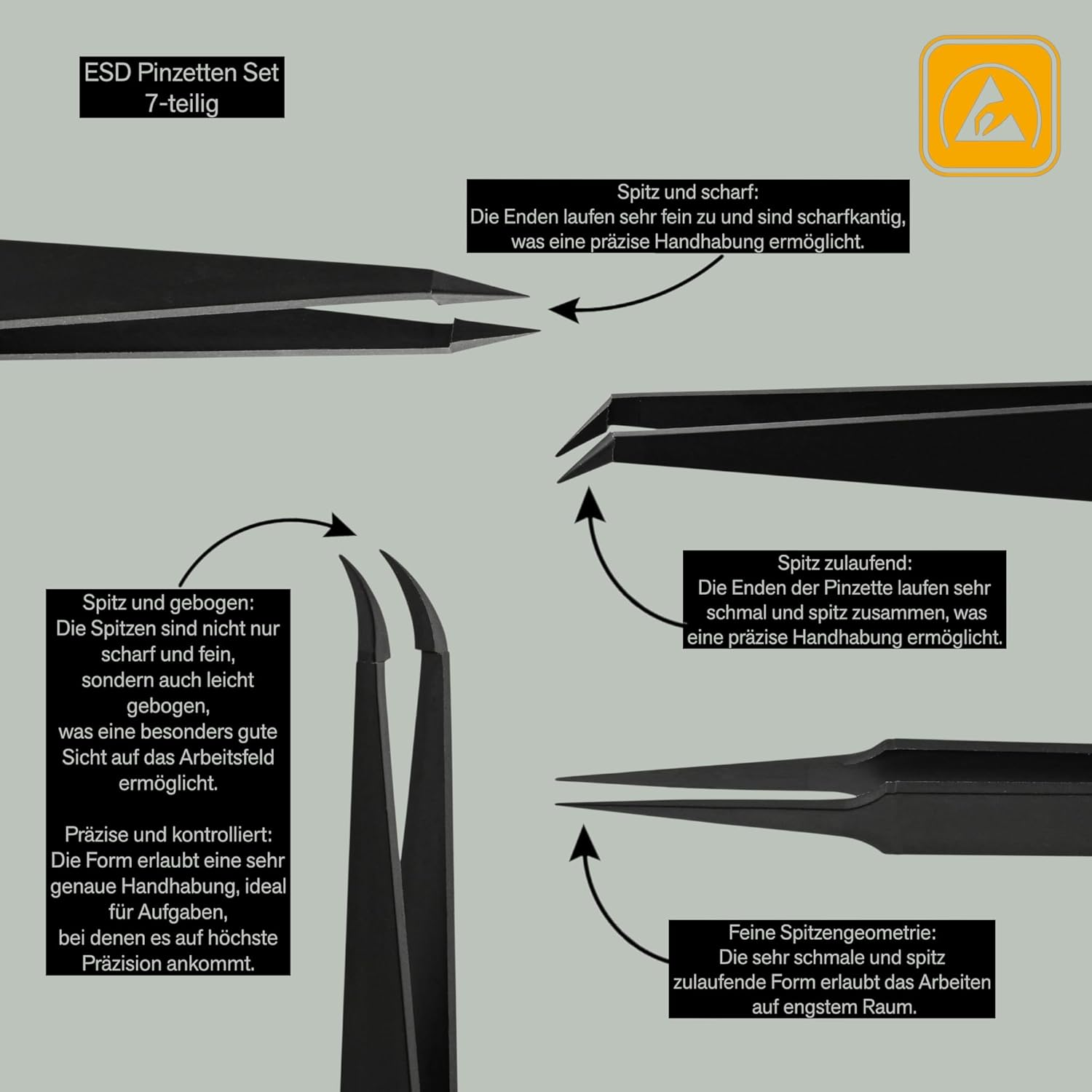 BERNSTEIN ESD Tweezers Set of 7 Made of Antistatic Plastic with Holder - Ideal for Electronics, Precision Mechanics & Laboratory image number 2