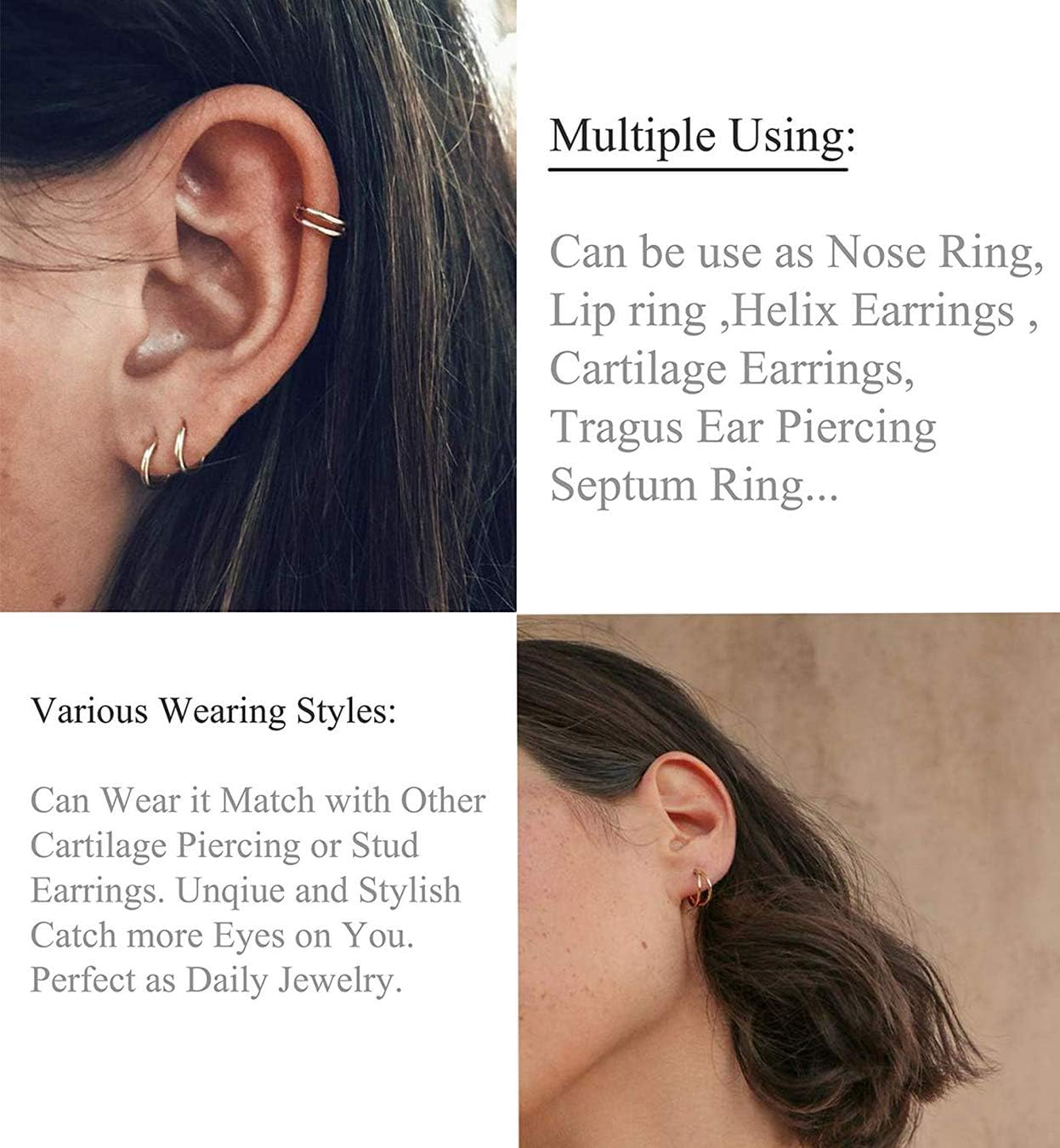 Kakonia 12 Pcs 6-16Mm Stainless Steel Cartilage Hoop Earrings for Women Girls Hypoallergenic Nose Ring Helix Lobes Hinged Sleeper Earrings Piercing Jewelry 16G Set image number 3