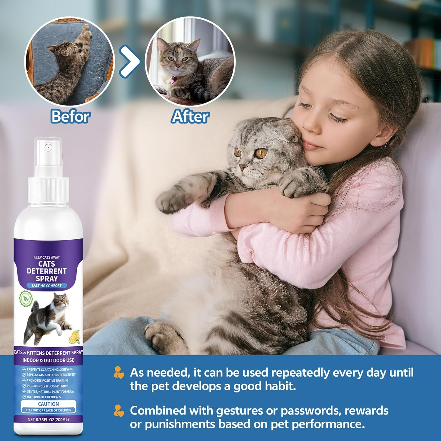 Cat Deterrent Spray, 200ML Cat Repellent Spray, Indoor & Outdoor Anti-Scratch Cat Repellent for Furniture, Sofas, Rugs, Curtains, and Plants, Alcohol-Free & Non-Toxic Formula Repellent for Cats image number 2