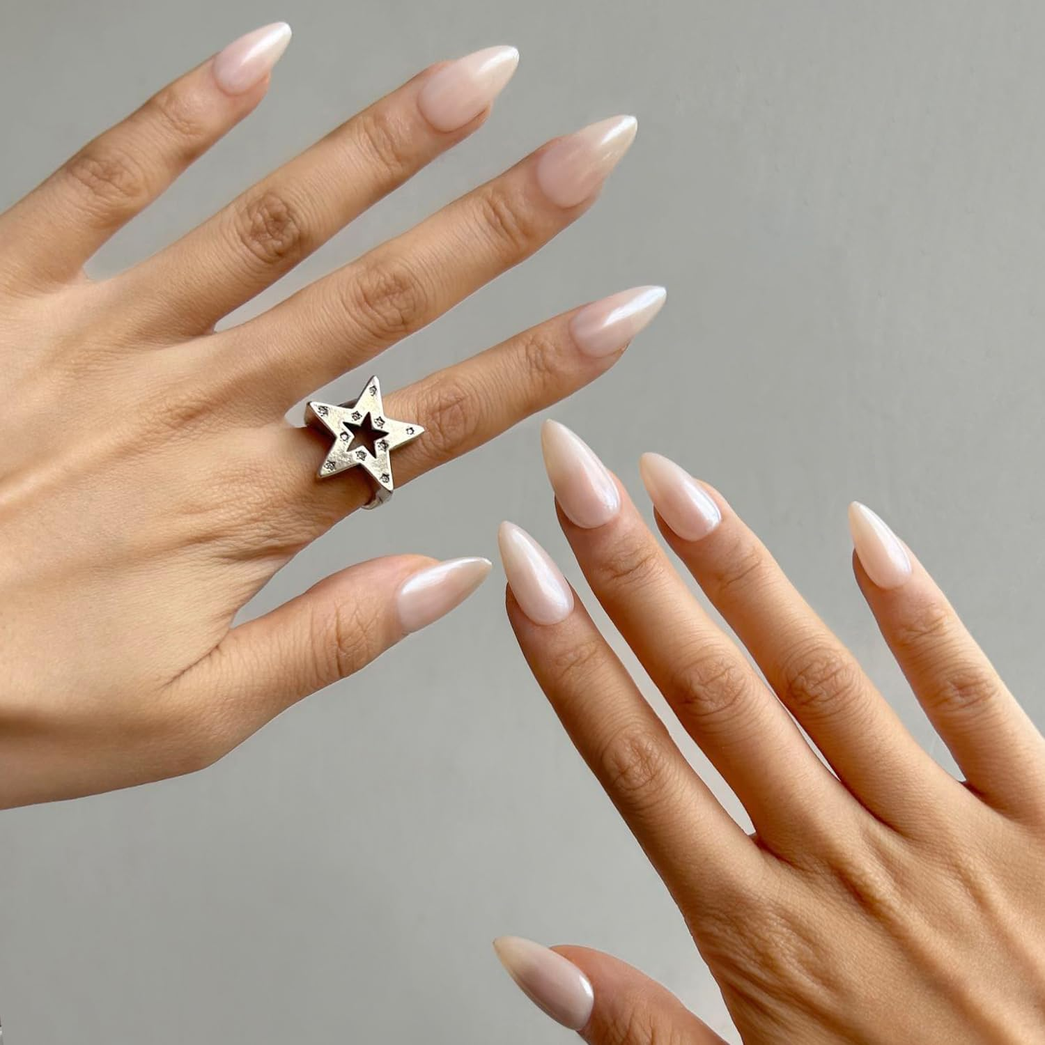 Modelones Press on Short Almond Nails, Donut Reusable Kit with Glue Adhesive Tabs, Mini File, 24 Fake Pieces 12 Sizes, DIY Home Salon, White Pearl Glitter image number 2