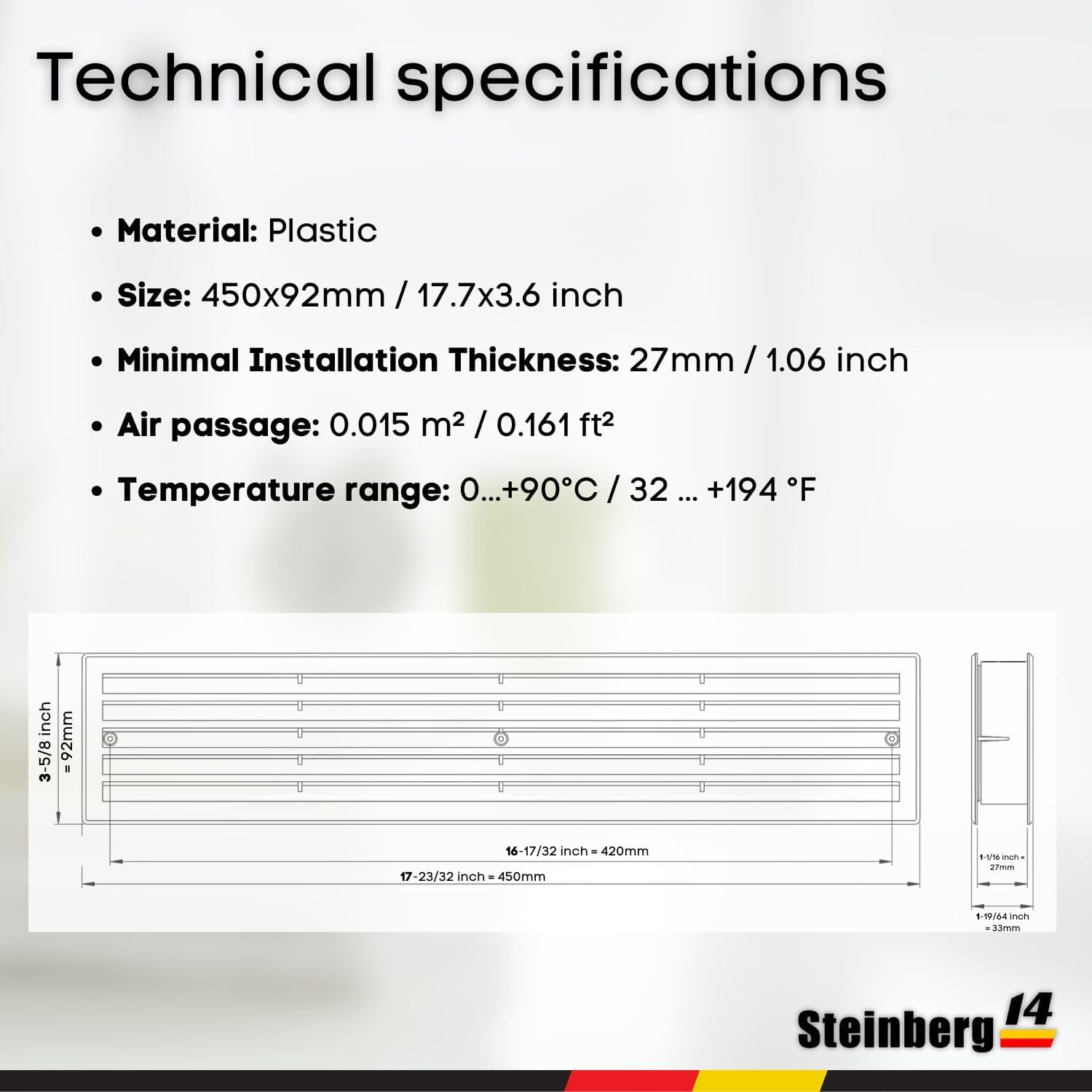 Steinberg14 Brown Door Vent Cover 17.7X3.6 Inch with Screws - Plastic Ventilation Grill - Door Vents for Interior Doors Two Sided - Door Louver Vent - Door Return Air Vent with Screws image number 2