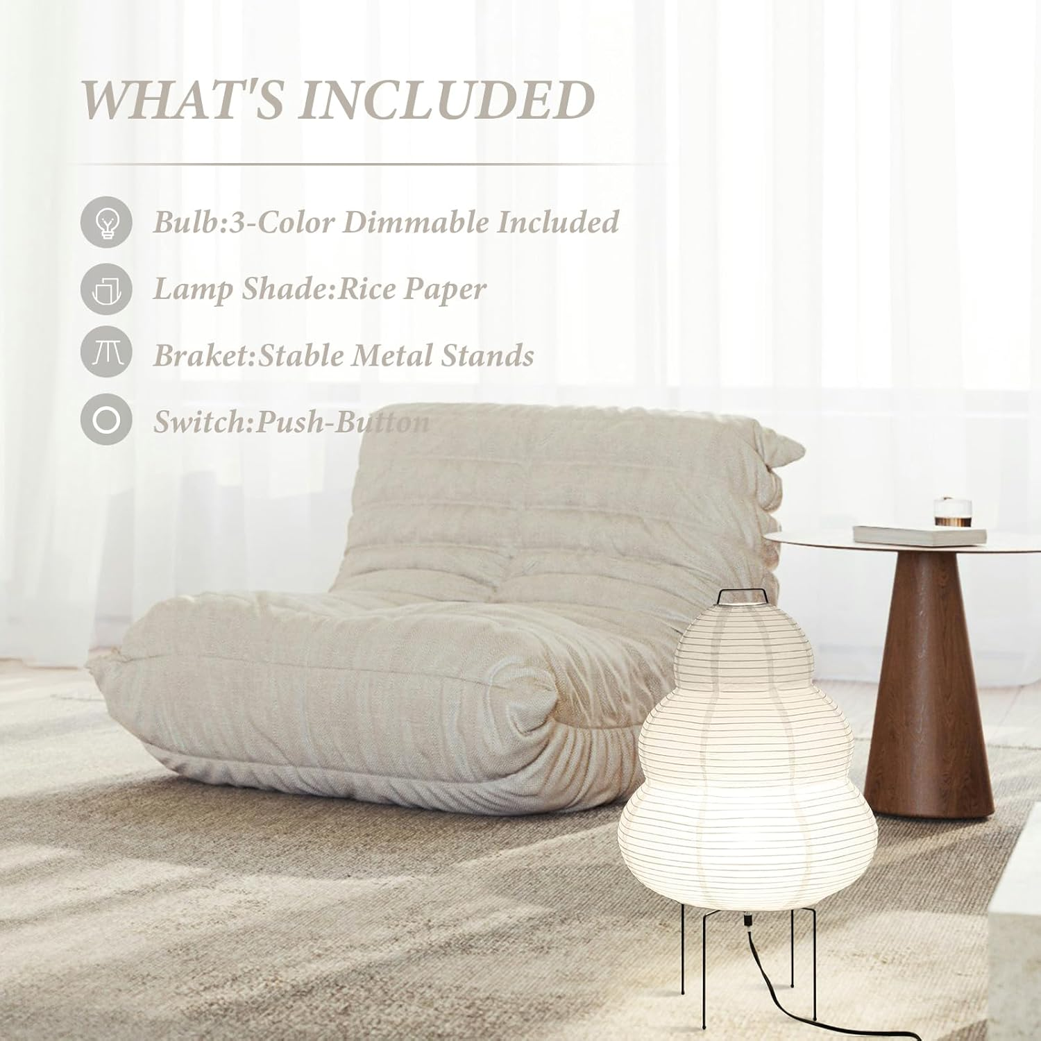 Noguchi Floor Lamp, Akari Rice Paper Lamp, Paper Lantern Floor Lamp with Warm and Cozy Ambiance for Any Room