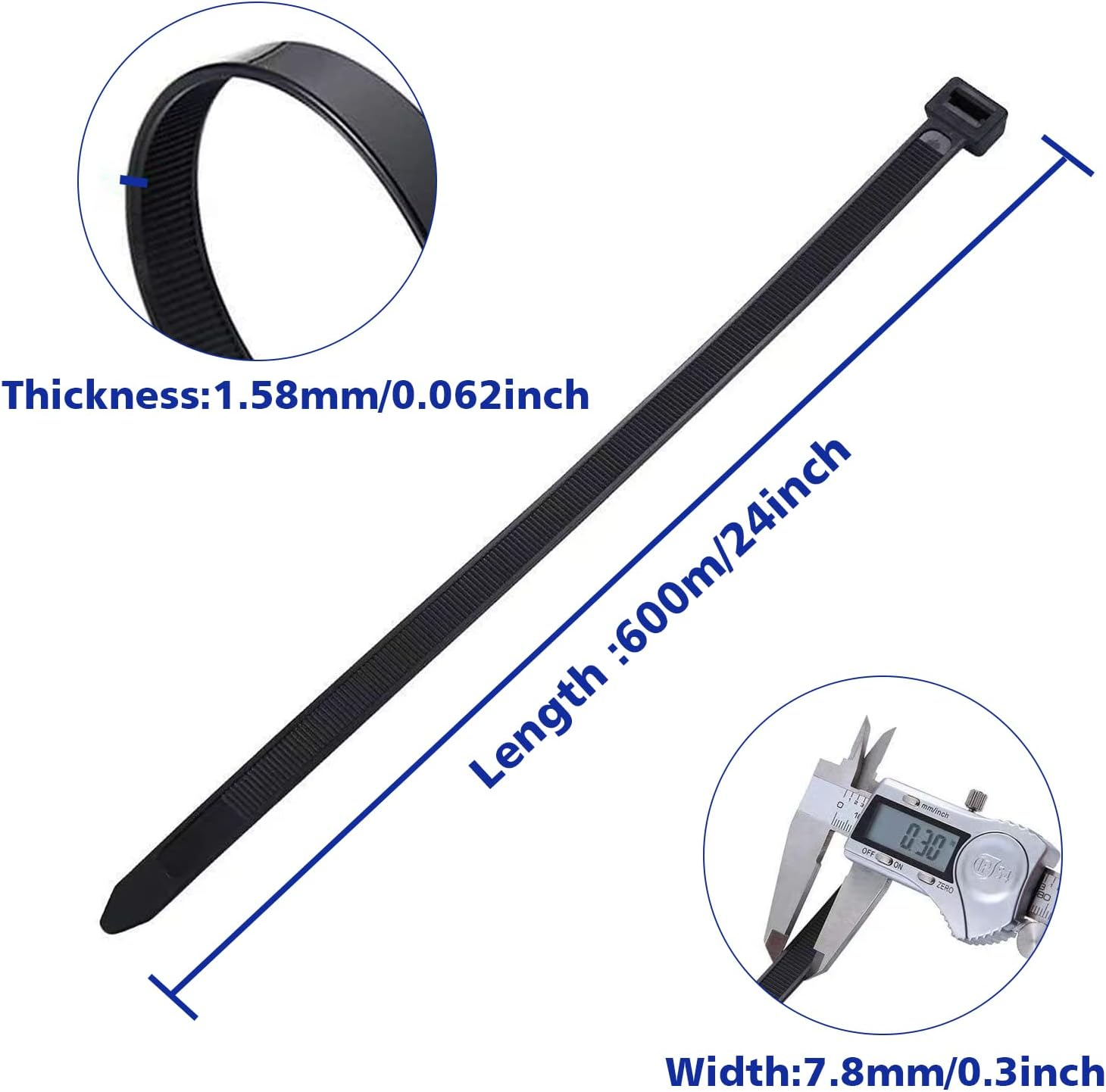 Black Heavy Duty Nylon Self-Locking Zip Ties, 600Mm X7.8Mm, 120 PCS, 200 Lbs Tensile Strength, UV Resistant, Indoor/Outdoor Use image number 1