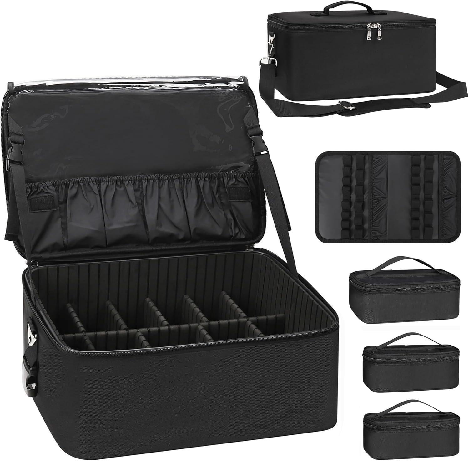 Makeup Bag Large Makeup Case Professional Cosmetic Storage Organizer Box Brush Holder with 3 Clear Set Bags & Lipstick Plate for Makeup Artists with Shoulder Strap & Adjustable Dividers (Black, Large) image number 4