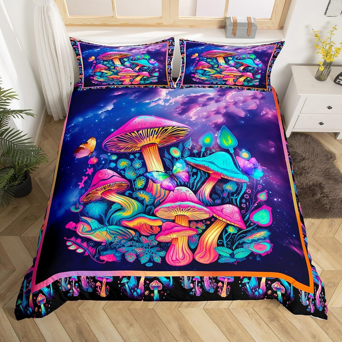 Homewish Neon Mushroom 220 X 240 Cm Duvet Cover Plant Mushroom Trippy Bedding Set for Girls Boys Children, Pink Teal Purple Gradient Galaxy Psychedelic Comforter Cover, Colourful Butterfly Bed Set image number 3