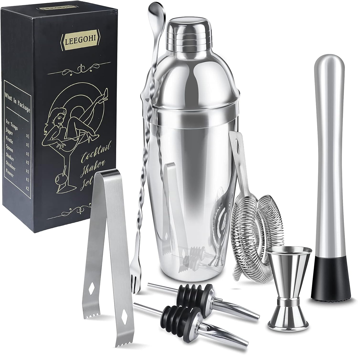 Cocktail Shaker Set|8Pcs Cocktail Making Set Stainless Steel 750Ml Shakers|Bartender Kit Bar Tool Set with Strainer, Pourers, Muddler, Double Jigger, Mixing Spoon at Home & Bar Gift Set image number 3