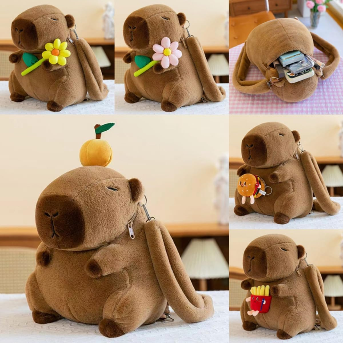 Knictto Y2K Kawaii Capybara Plush with Burger Fries Backpack for Women Funny Fuzzy Animal Travel Bag Casual Daypack for Gift - Pink Flower image number 5