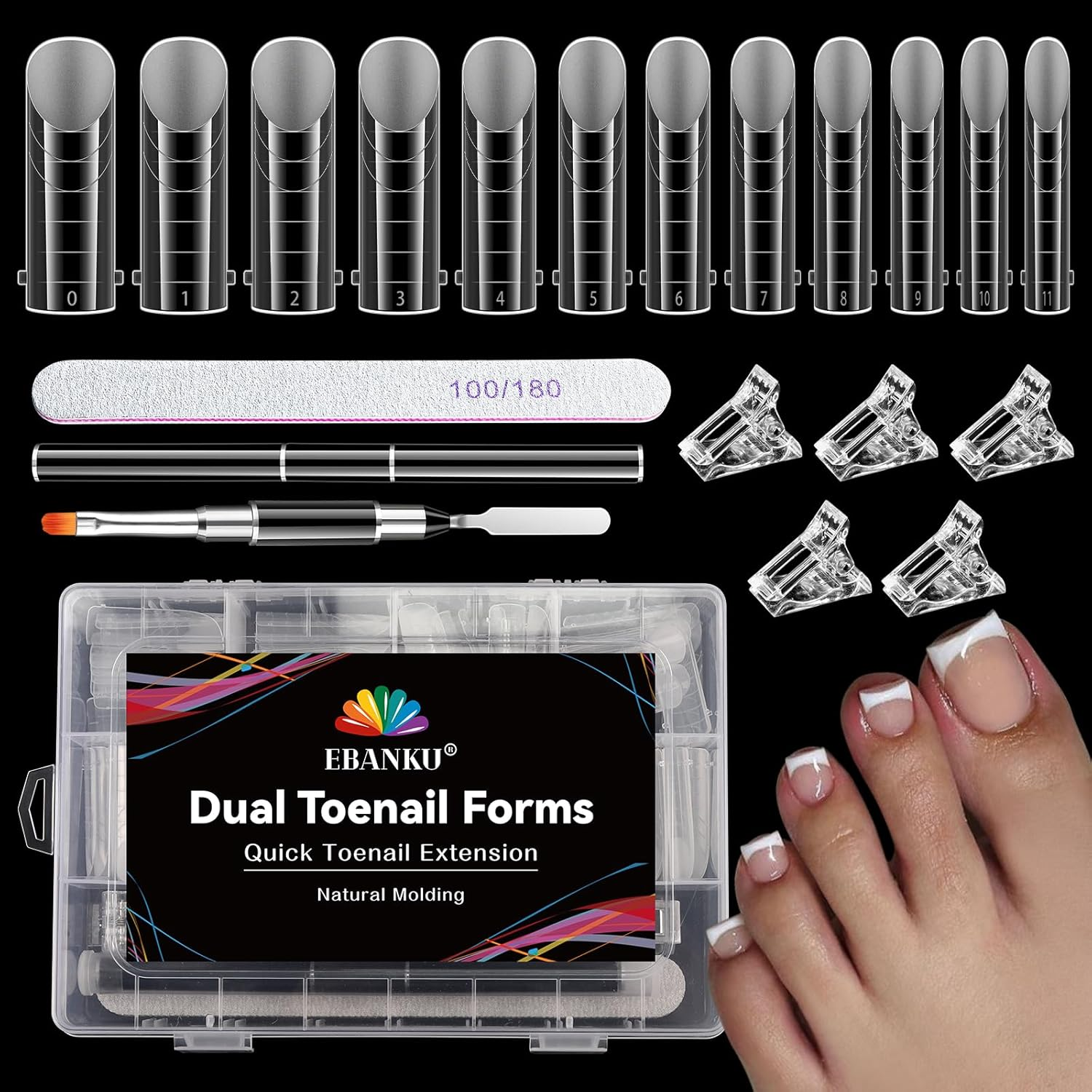 EBANKU 120 PCS Poly Gel Nail Forms for Toes, Long Square Dual Forms for Polygel Pedi Nail Extension Poly Gel Toenails Set Reusable Toe Nail Tips Mold, 12 Sizes