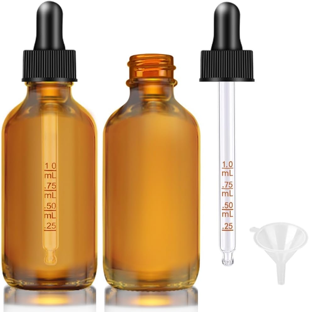 D&D EVA Dropper Bottle 2 Oz, 2 Pack Glass Eye Dropper Bottles with Labels and Funnel, Tincture Bottle with Measured Dropper Leakproof Essential Oils Bottles for Health, Personal Care & Beauty (Amber)