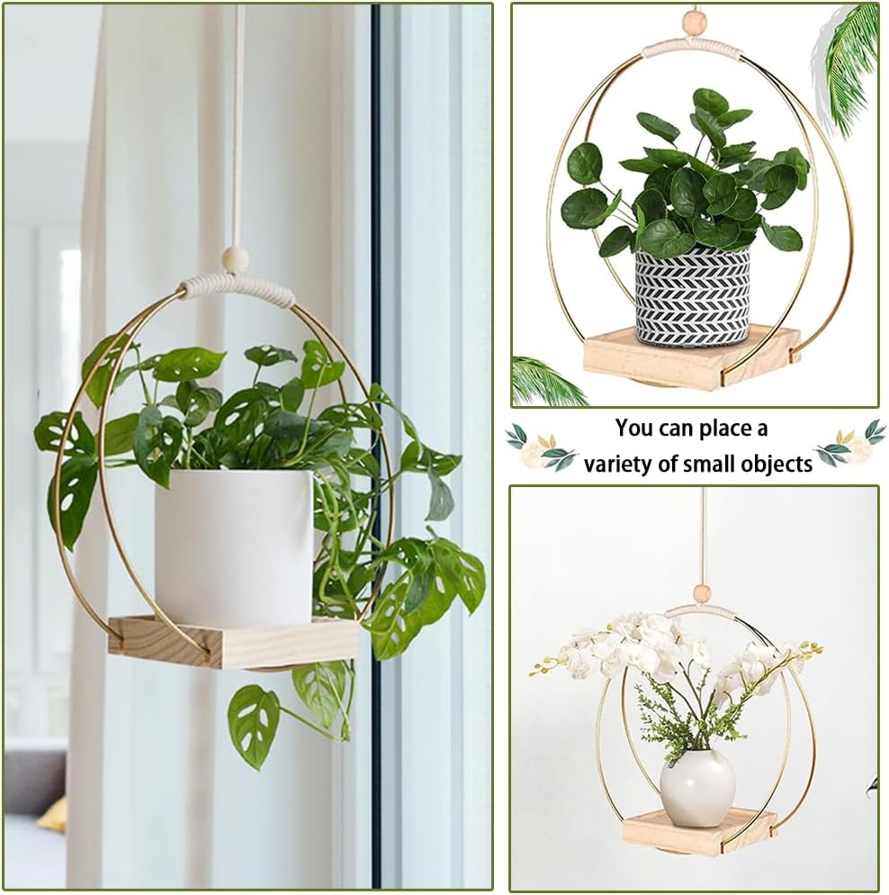Hanging Planter with Wood Base, Modern Macrame Plant Hanger for Indoor Outdoor Wall Ceiling Window Boho Home Decoration, Gold (Planter/Plants Not Included) image number 3