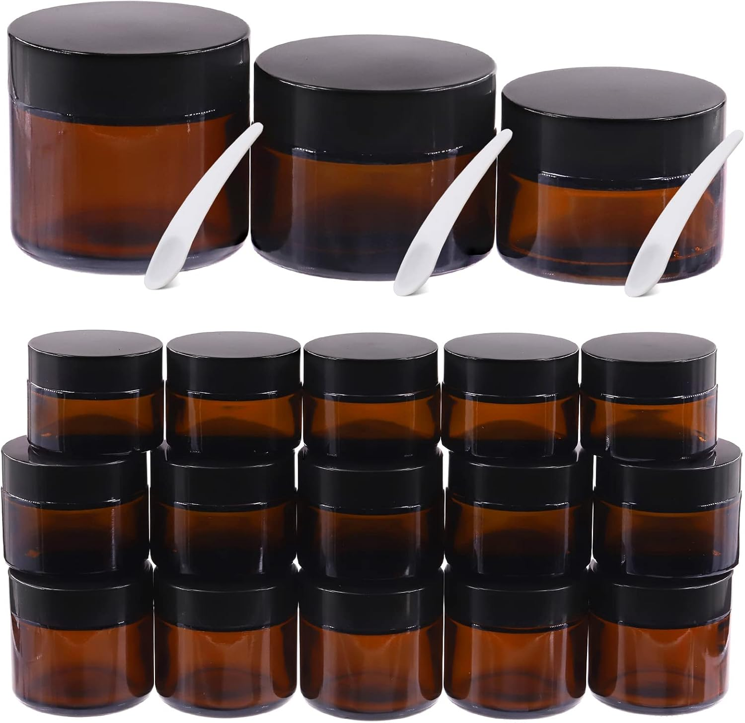 15PCS round Amber Glass Jars, 1/1.7/2 OZ Mason Jar Amber Cosmetic Containers with Spoons and Black Lids, Glass Candle Jars for Storing Lip and Cream Lotion image number 1