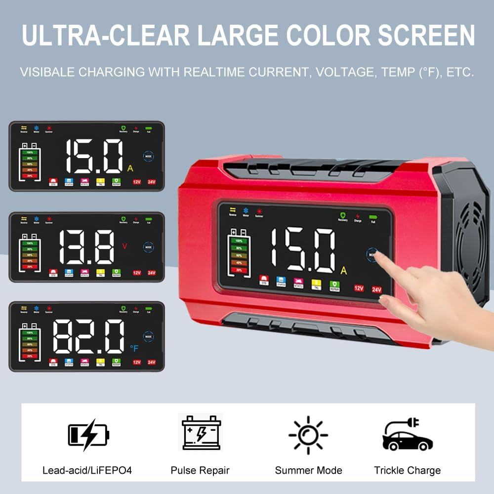 Battery Charger 15-Amp - Trickle Charger Car Battery Charger AU Plug: 12V 24V Lifepo4 Lead Acid 9-Stage Trickle Charger Battery Maintainer W/Temp Compensation for Car Truck Lawn Mower Boat Marine image number 5