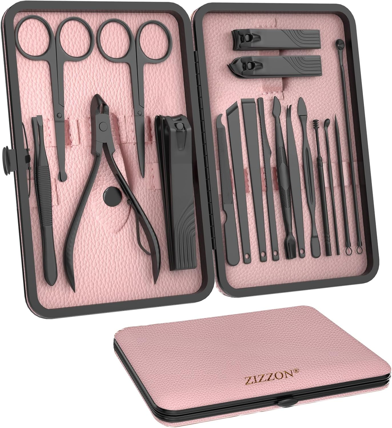 ZIZZON Nail Clippers Manicure Pedicure Set 18 in 1 Nail Grooming Kit with Leather Travel Case(Black/Pink)