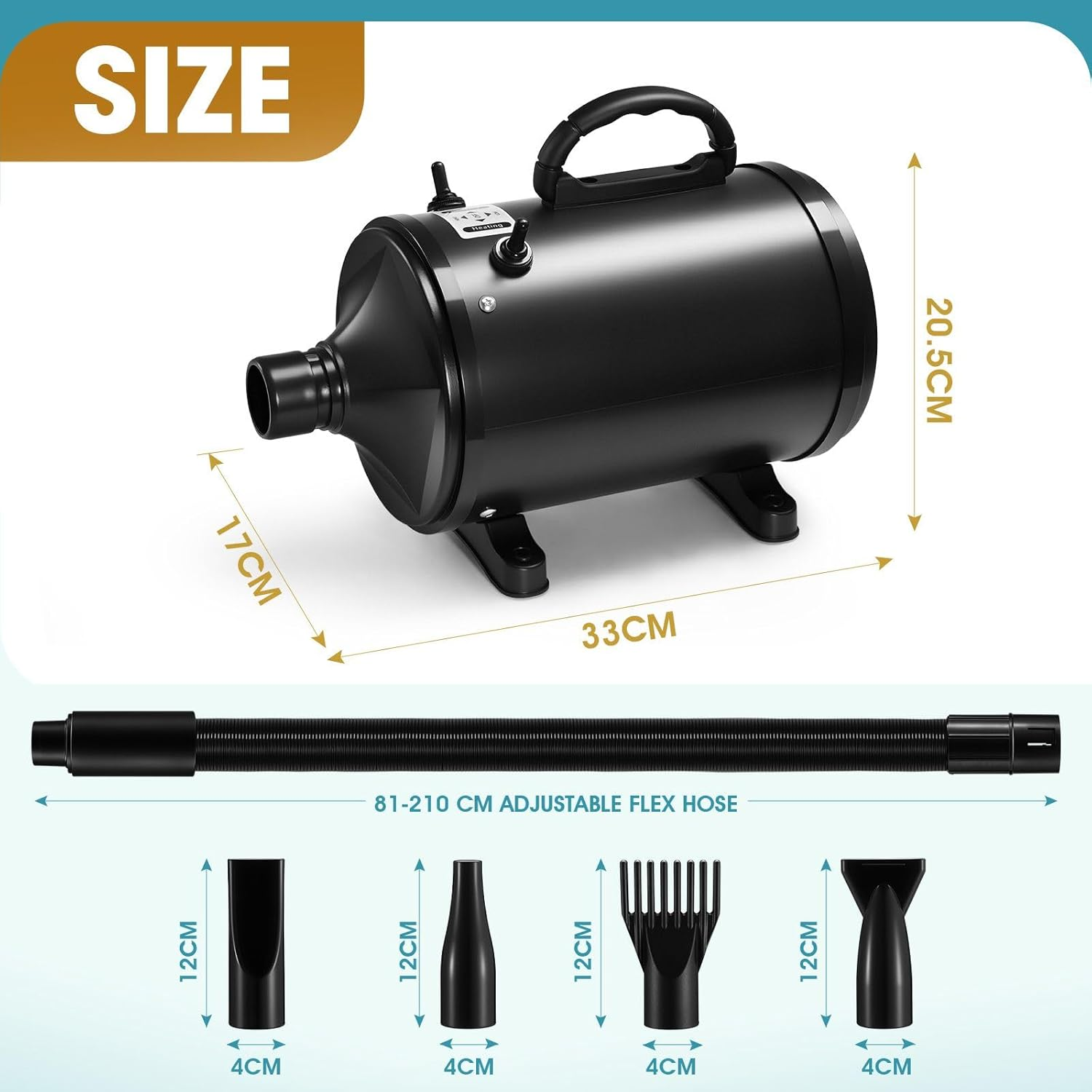 Pet Scene Dog Cat Hair Dryer Pet Grooming Kit with 4 Nozzles Blow Hairdryer Blower Heater Air Blaster Low Noise Adjustable Speed Temperature Negative Ion Wind image number 6