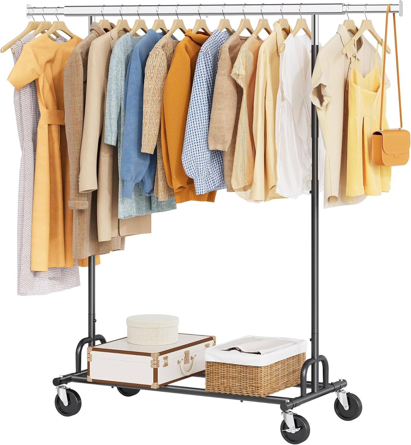 Tajsoon Clothing Rack Heavy Duty Clothes Rack Load 350 LBS, Rolling Clothes Racks for Hanging Clothes with Wheels & Extendable Rod, Collapsible Garment Rack with Bottom Shelf, Commercial, Chrome