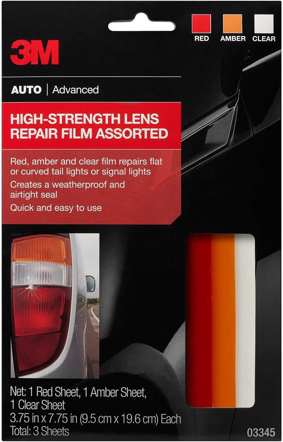 3M Auto High-Strength Lens Repair Film, 3.5 in X 7.75 In, Assorted Sheets: Red/Amber/Clear, Weatherproof & Airtight Seal, Flexible Film Repairs Flat or Curved Lenses on Truck & Car Lights (03345) image number 2
