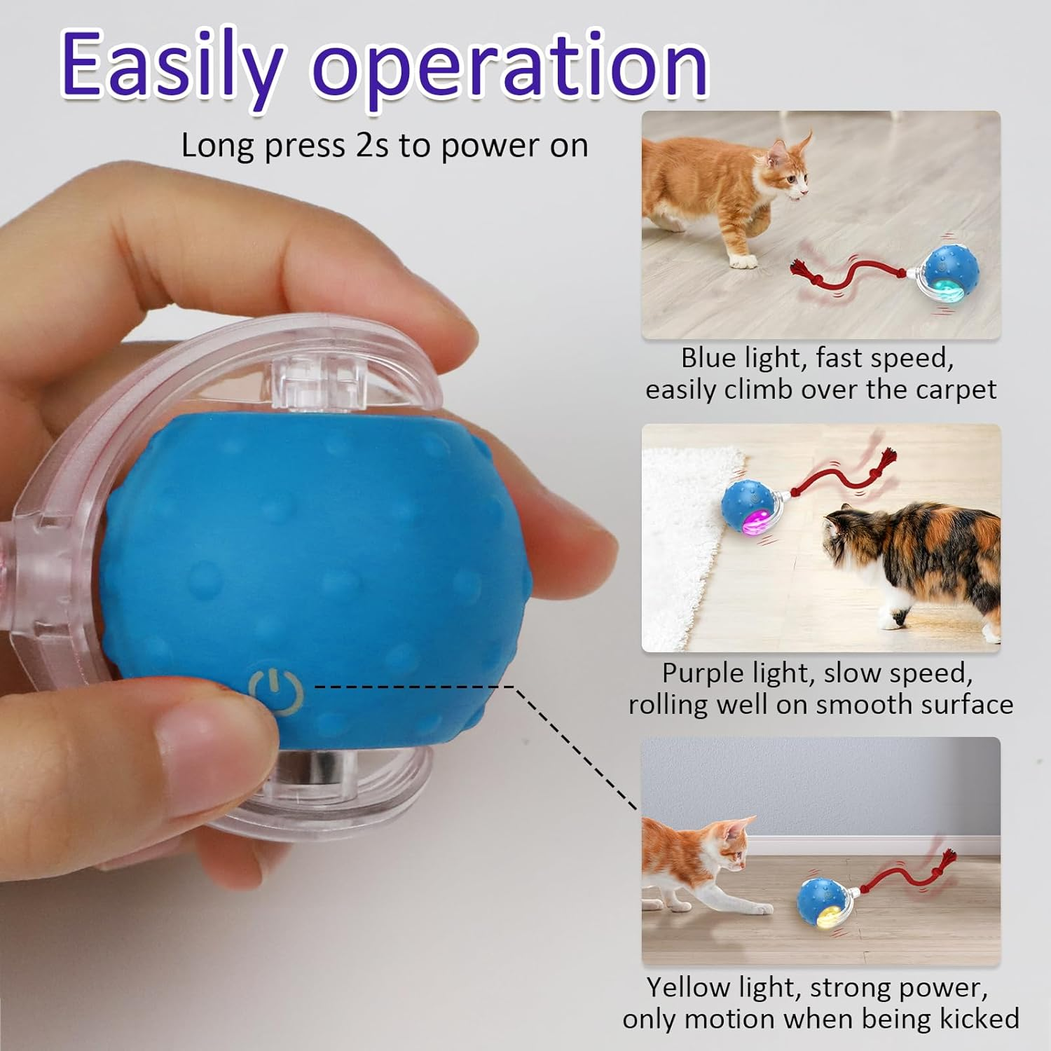 Giociv Interactive Cat Toy Ball for Indoor Cats, Fast Rolling on Carpet, Chirping and Motion Activation Cat Toy (Blue) image number 2