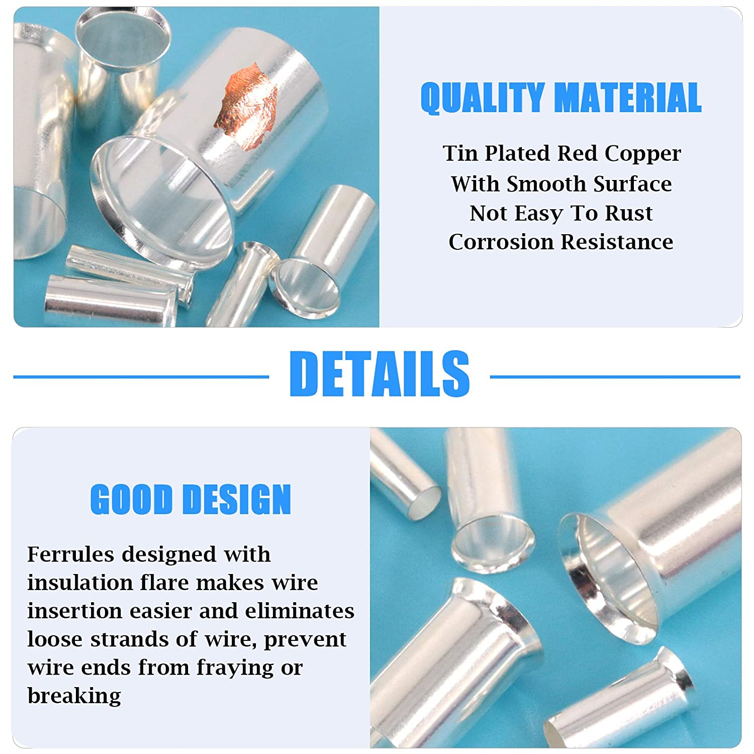 Glarks 260Pcs 8 Sizes AWG 12 10 8 6 4 2 1 2/0 Wire Ferrules Kit Silver Plated Copper Crimp Connector Non Insulated Ferrules Pin Cord End Terminals Assortment Kit