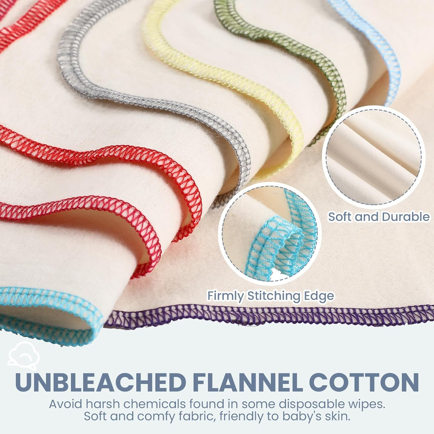 Mixweer 96 Pcs Flannel Cloth Diapers - Reusable, Washable, Natural Unbleached Baby Face Wipes - Soft & Sturdy - 8 Colors, Outer Stitching - 8 X 8 Inches image number 5