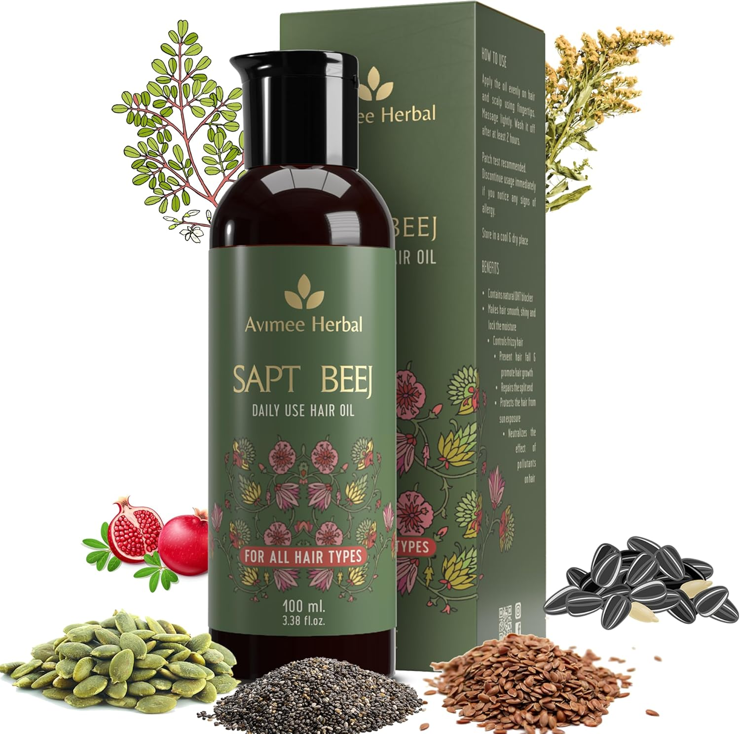 AVIMEE Herbalsapt Beej Hair Oil | Packed with Goodness of 7 Seeds in One | Your Daily Hair Oil | Non Greasy Non Oily | Mineral Oil Free | 100Ml image number 2