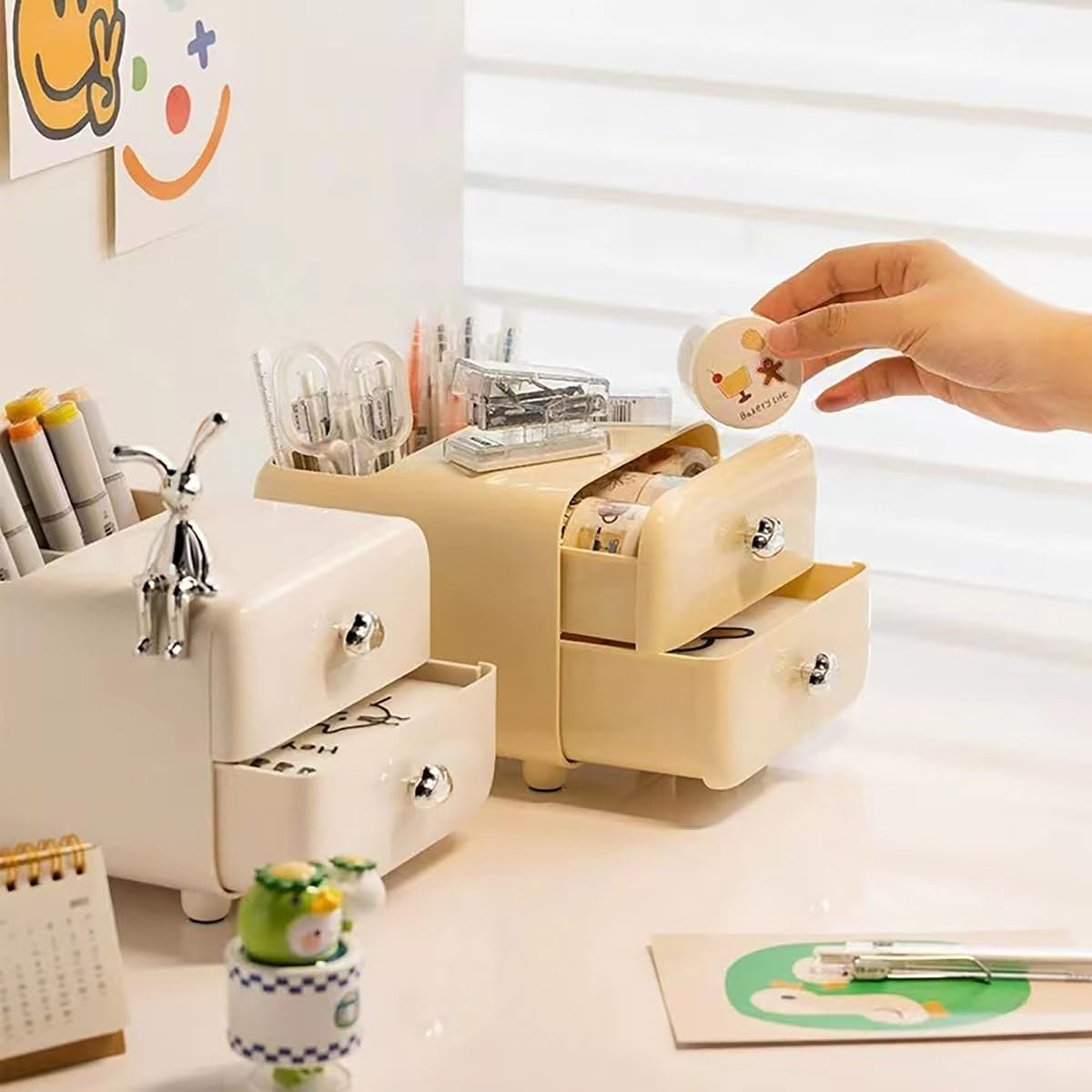 AIMALL Multifunctional Cream Colour Desk Organiser, Drawer Storage Box for Office and Children, Space-Saving Desktop Design in Beige, Green, and White, Dimensions 5.9" X 6.1" X 5" image number 2