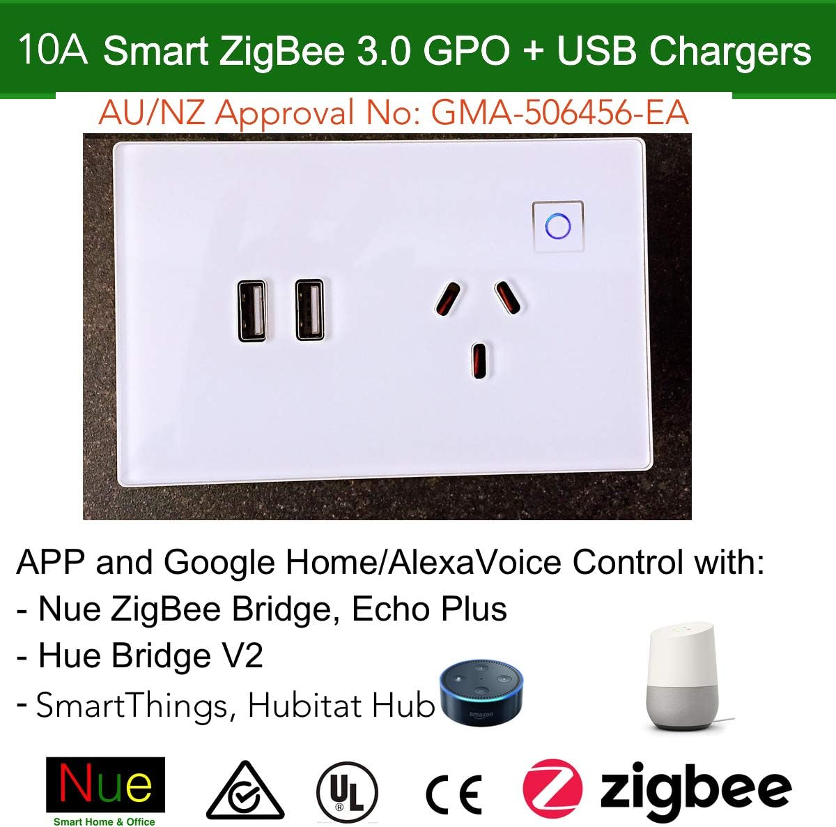 Nue Zigbee Smart Light Switch, Dimmer, Fan Switch, Curtain Blind Switch Power Point GPO, Light Controller and In_Ceiling Dimmer (USB GPO) image number 2