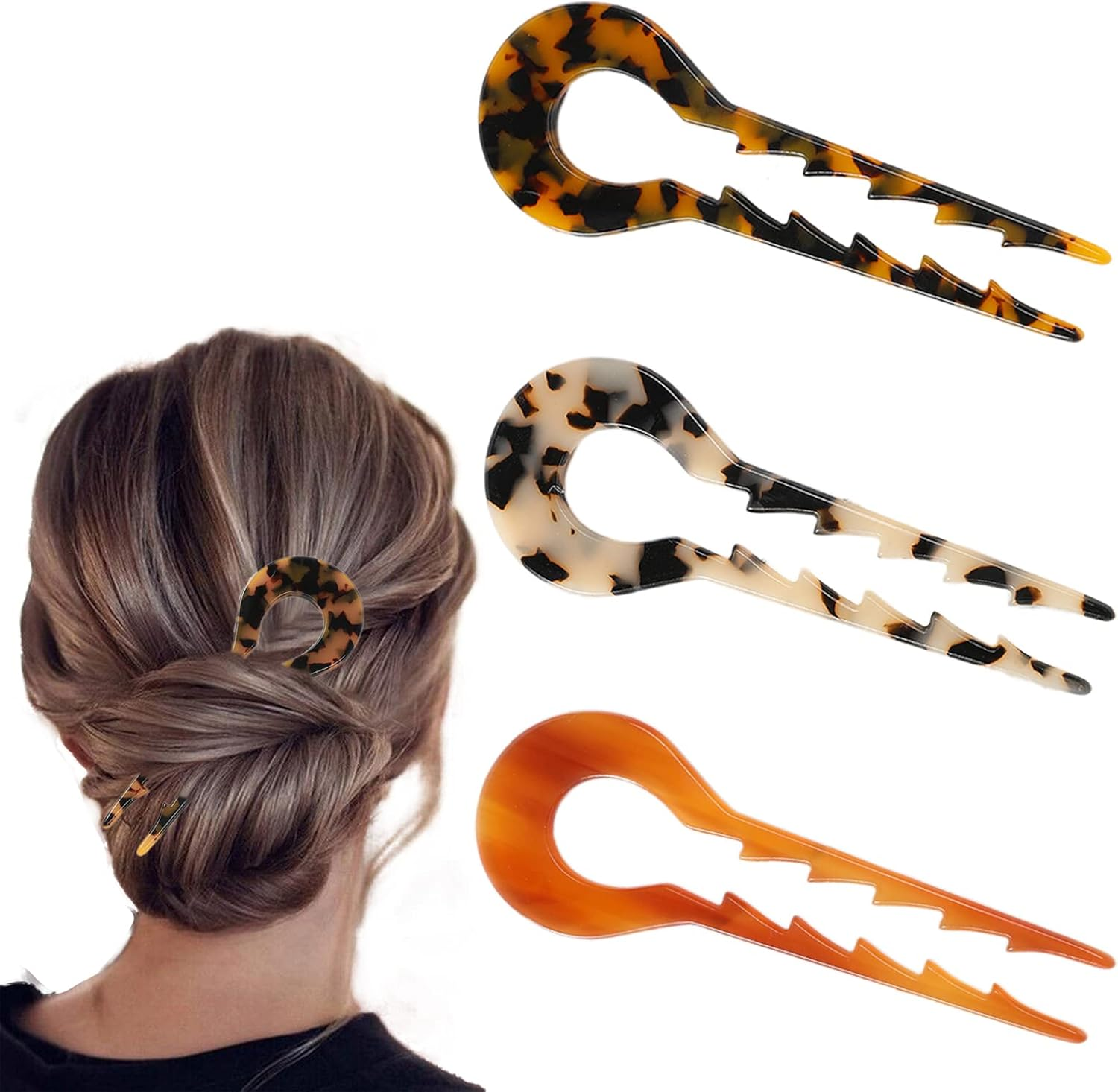 Yosaihom 3 PCS U Shaped Hair Pins, French Hair Pins Hair Forks Acetate Long 5.3Inch, 2 Prong Bun Pins, Chignon Pins Hair Stick for Women Thick Hair