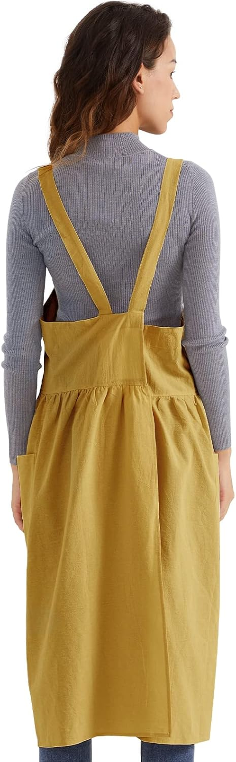 Surblue Cotton Linen Apron Cross Back Apron for Women with Pockets Pinafore Dress for Baking Cooking Gardening image number 6