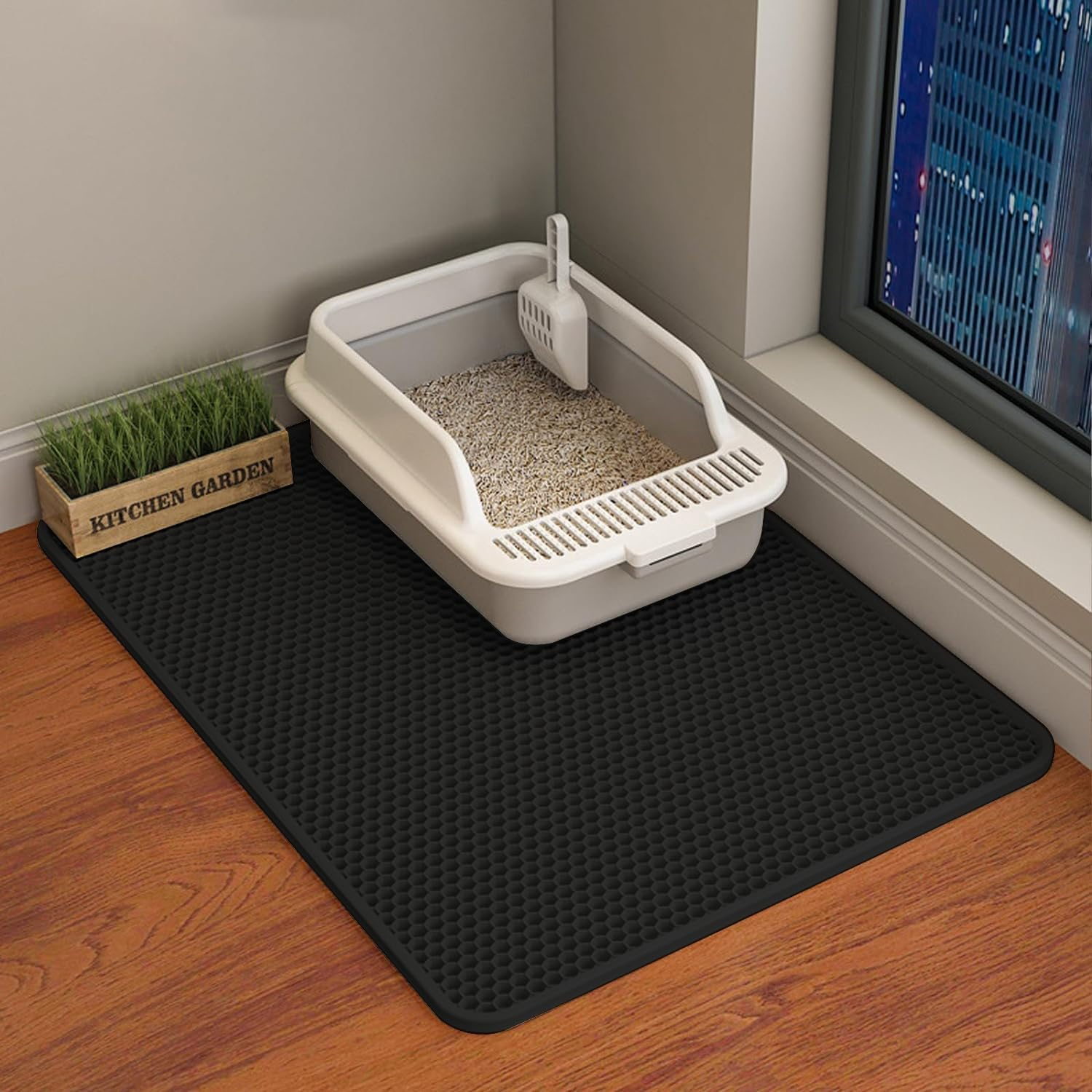 Cat Litter Mat Cat Litter Trapping Mat, 60 X 45 Cm Honeycomb Double Layer Design, Urine and Water Proof Material, Scatter Control, Less Waste, Easier to Clean,Washable Black image number 2