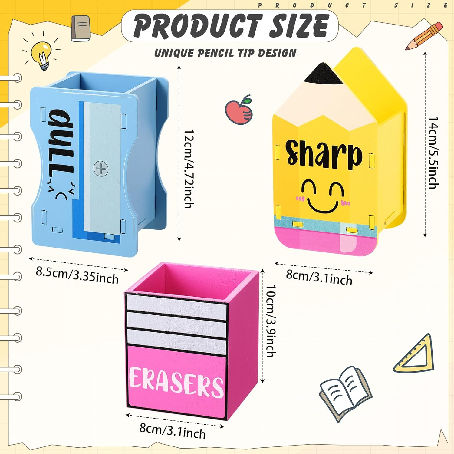 Amazingspark 3 Pcs Pencil Shaped Holder Sharp and Eraser and Dull Holder Wooden Dispenser Pencil Storage Organizer for Back to School Management Organization(Cute) image number 5