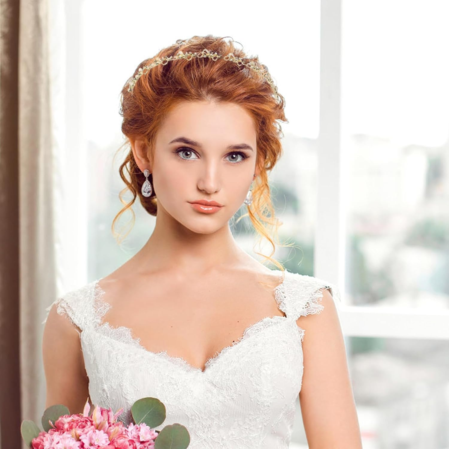 Wisebom 1 Piece Bridal Wedding Headband Light Gold Wedding Hair Band Elegant Bridal Headband with Rhinestone Communion Confirmation Hair Accessories for Birthday Anniversary Valentine'S Day Golden