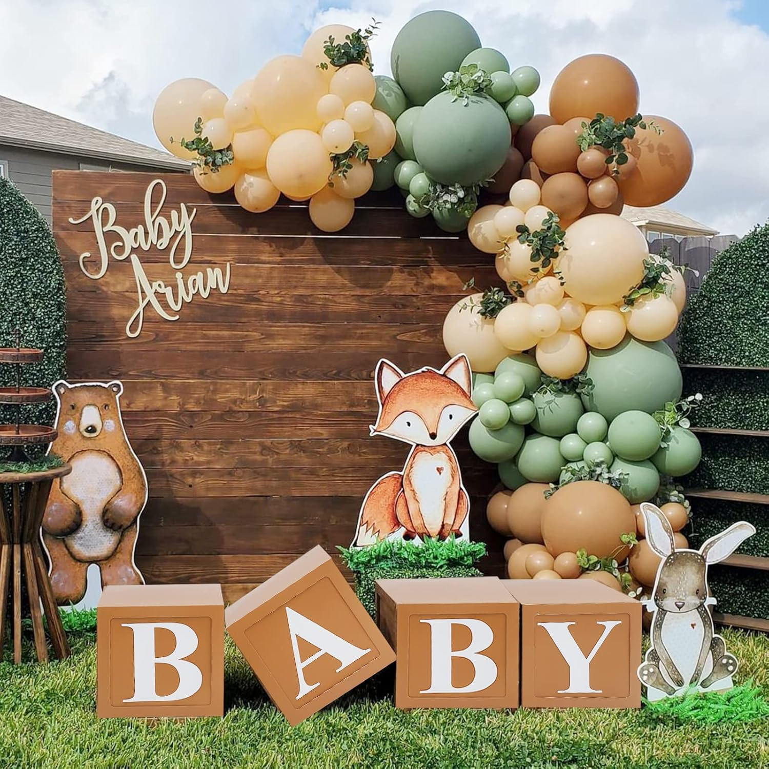Teddy Bear Baby Shower Boxes Decorations, 4Pcs Brown Baby Shower Blocks with Letters, Stereoscopic Babyshower Balloon Boxes for Woodland Baby Shower Decor Boys Girls Gender Reveal Backdrop image number 5