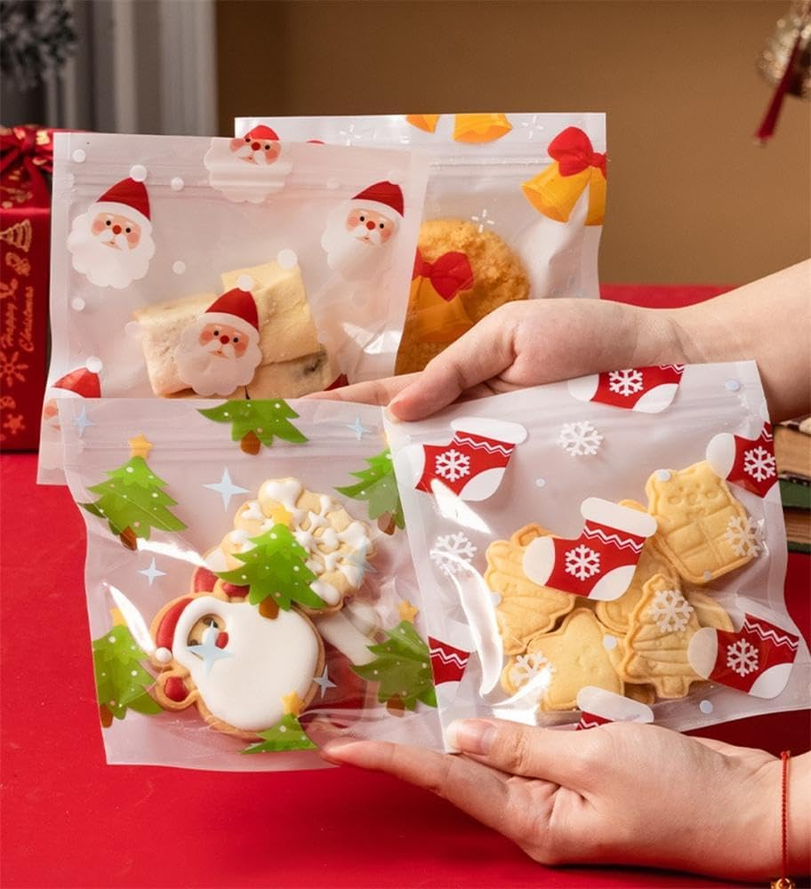 NIXNUT 50Pcs Christmas Candy Cookie Bag Treat Gift Bag with Zip for Party Baking Food Dessert Package Homemade Crafts Cute Patterns image number 6