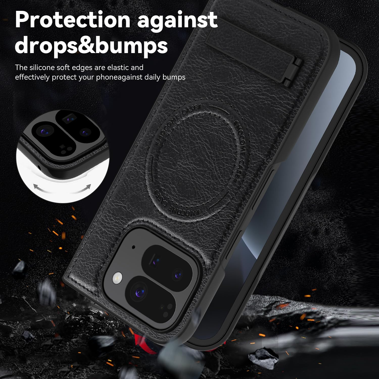 QYFCOU Magnetic Case for Google Pixel 10 Pro Fold - PU Leather Protective Cover with Stand, Compatible with Magsafe, Ultra-Thin Military Grade Shockproof and Scratch-Resistant (Black) - Green image number 3