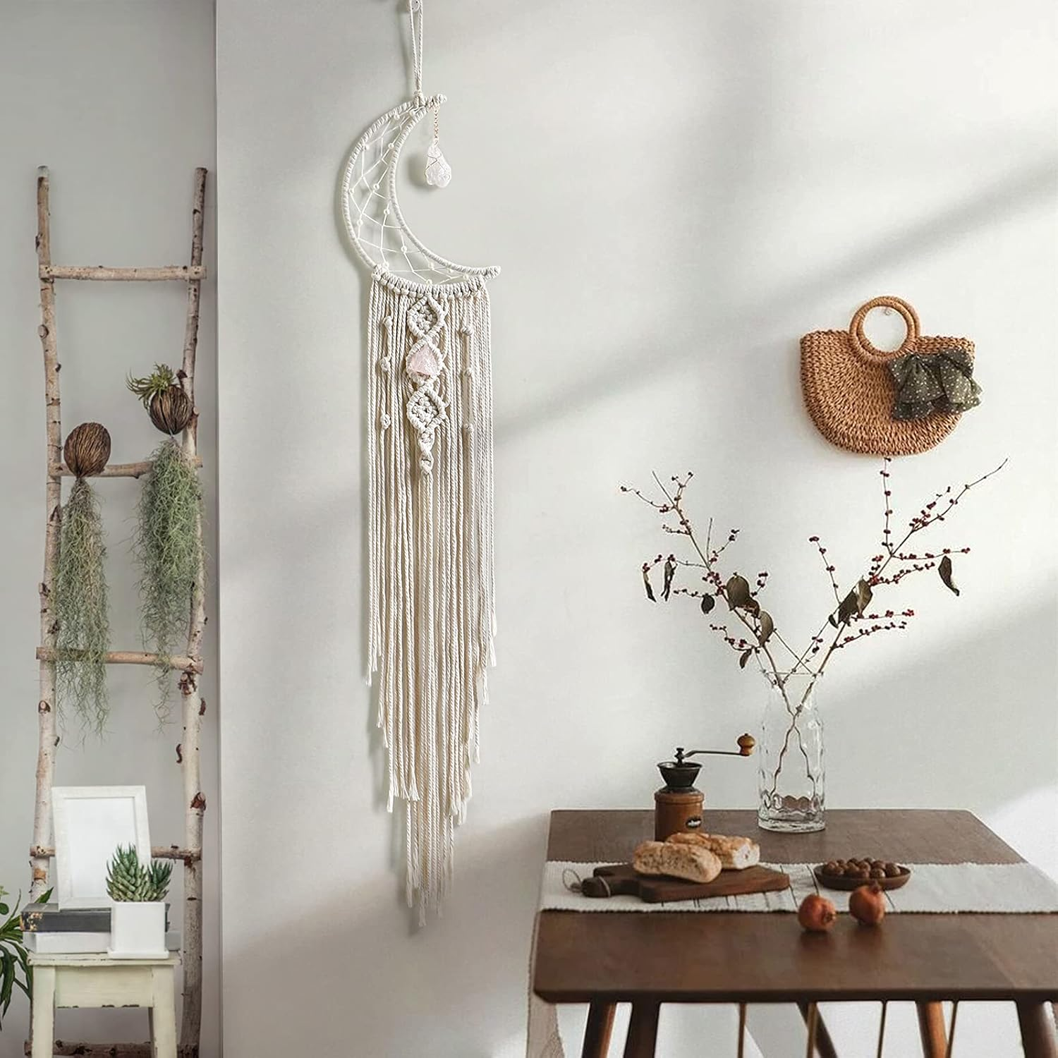 Dremisland Macrame Woven Wall Hanging Moon Dream Catcher with Natural Crystal Stone- Boho Chic Bohemian Home Decor Wall Art Decor with String Lights - Beautiful Apartment Dorm Room Door Decoration image number 5