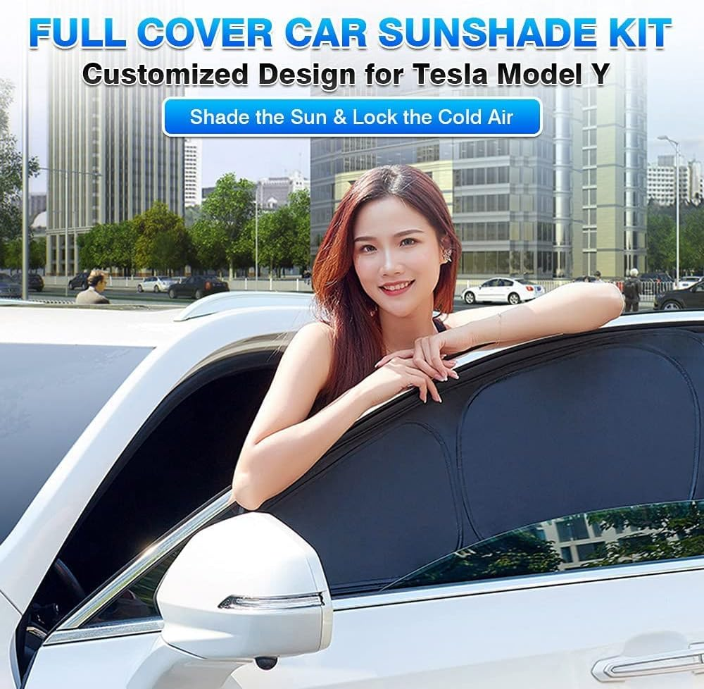 T TGBROS Custom Fit for Windows Sunshade Tesla Model Y 2020-2022 Windshield & Rear & Side Window & Triangular Window Shades Full Set Blocks UV Rays Keeps Your Vehicle Cool Foldable image number 2