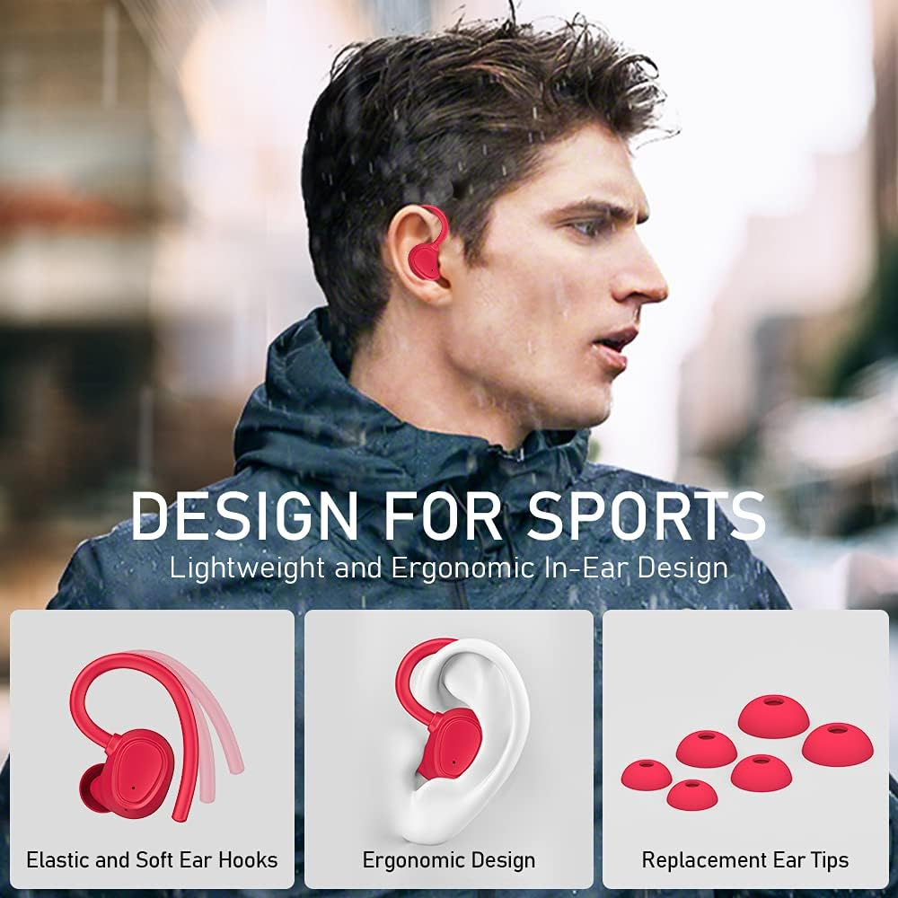Bluetooth 5.1 Headphones Sports, Wireless In-Ear Wireless Sports Headphones IP7 Waterproof Wireless Earbuds with Microphone, 48H Deep Bass Noise Cancelling Earphones, USB-C, LED Display - Red image number 5